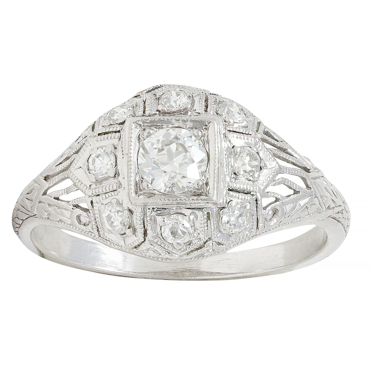 Art Deco 0.52 CTW Diamond Platinum Vintage Wheat Bombé Engagement Ring