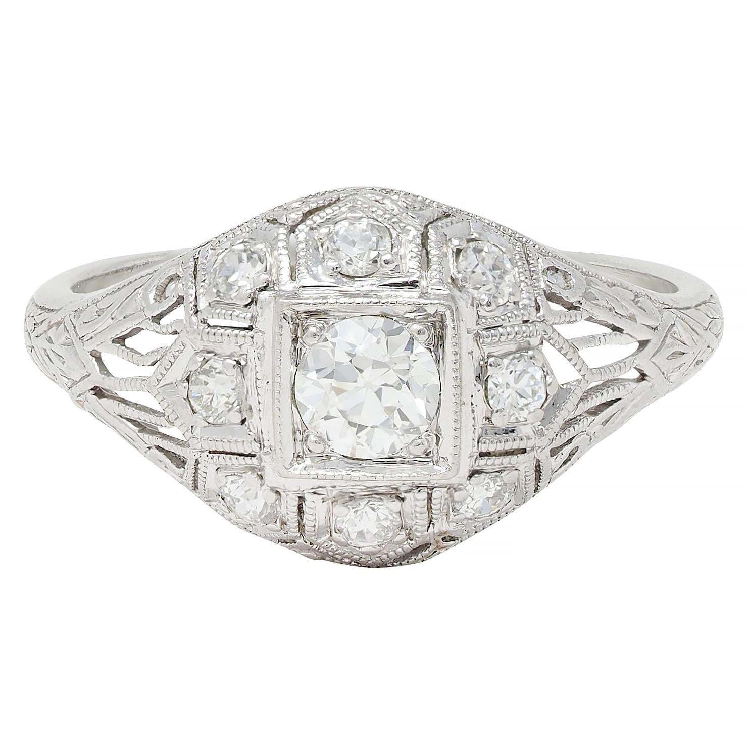 Art Deco 0.52 CTW Diamond Platinum Vintage Wheat Bombé Engagement Ring