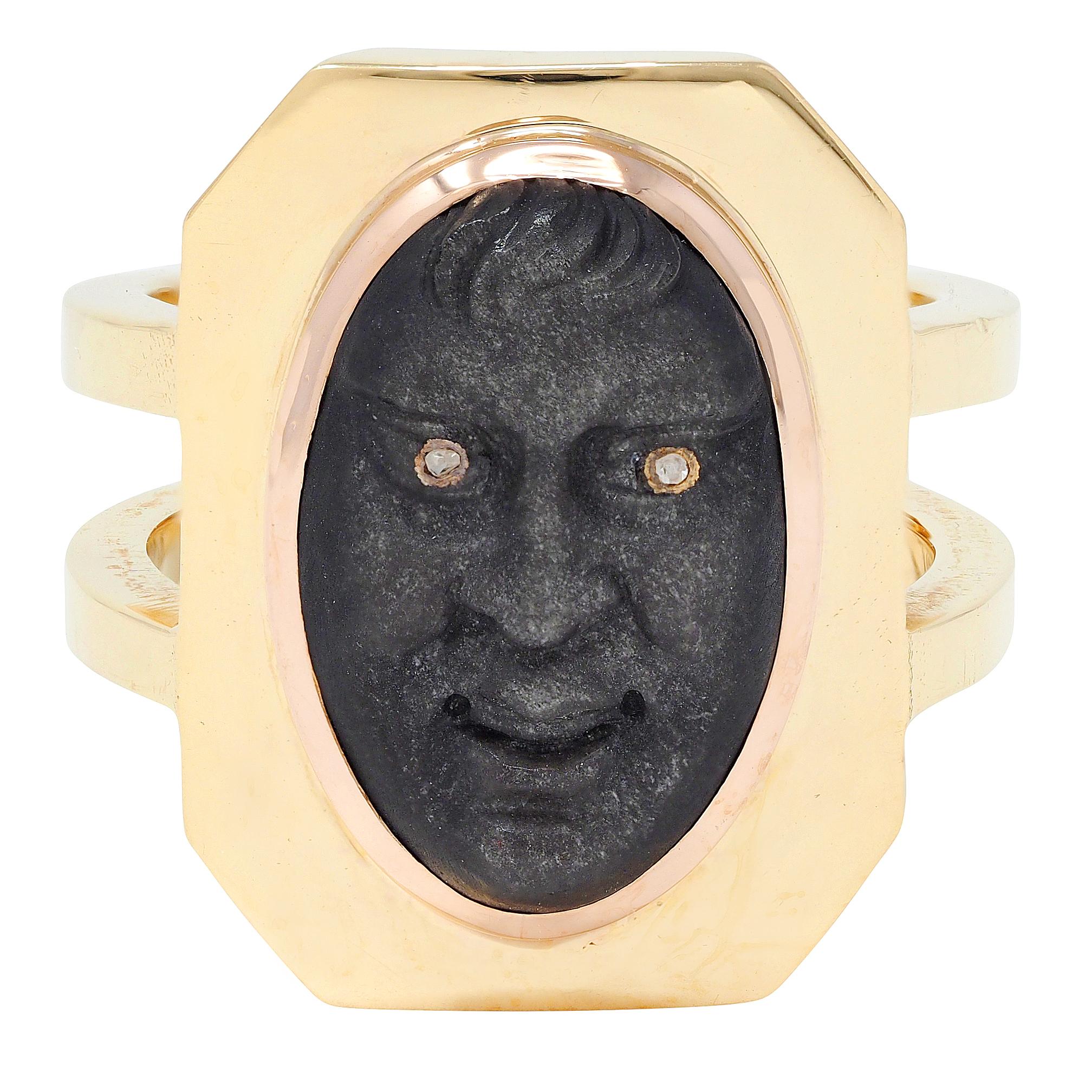 Vintage Diamond Carved Black Labradorite 18 Karat Two-Tone Gold Face Ring