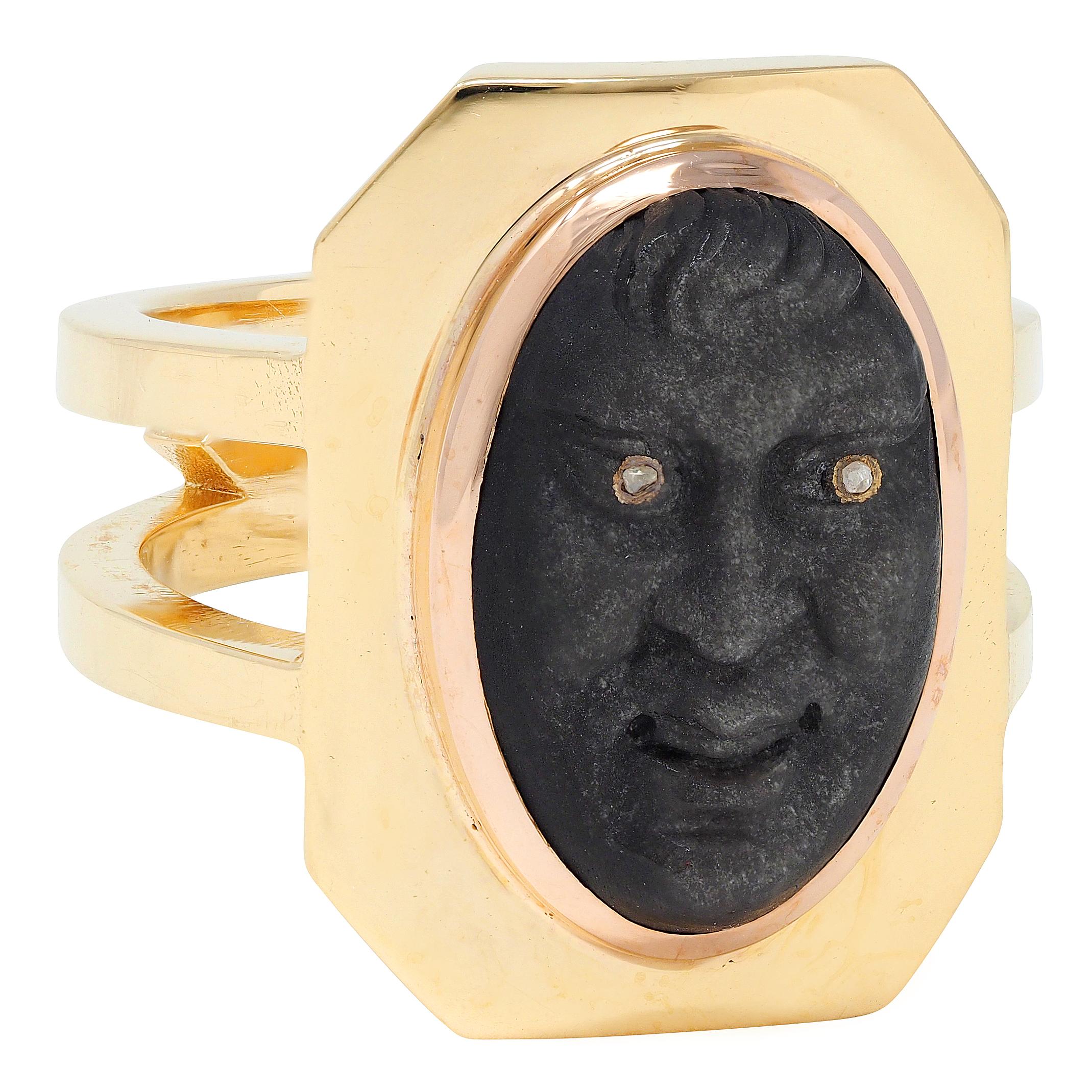 Vintage Diamond Carved Black Labradorite 18 Karat Two-Tone Gold Face Ring