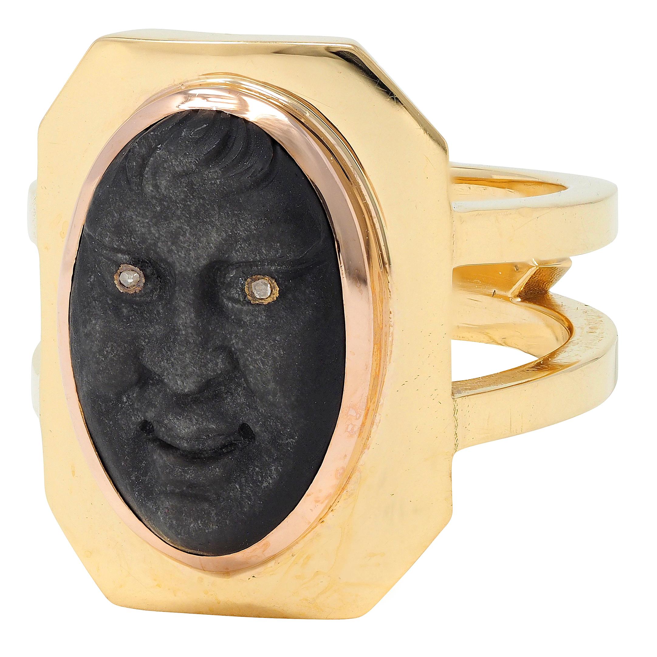 Vintage Diamond Carved Black Labradorite 18 Karat Two-Tone Gold Face Ring