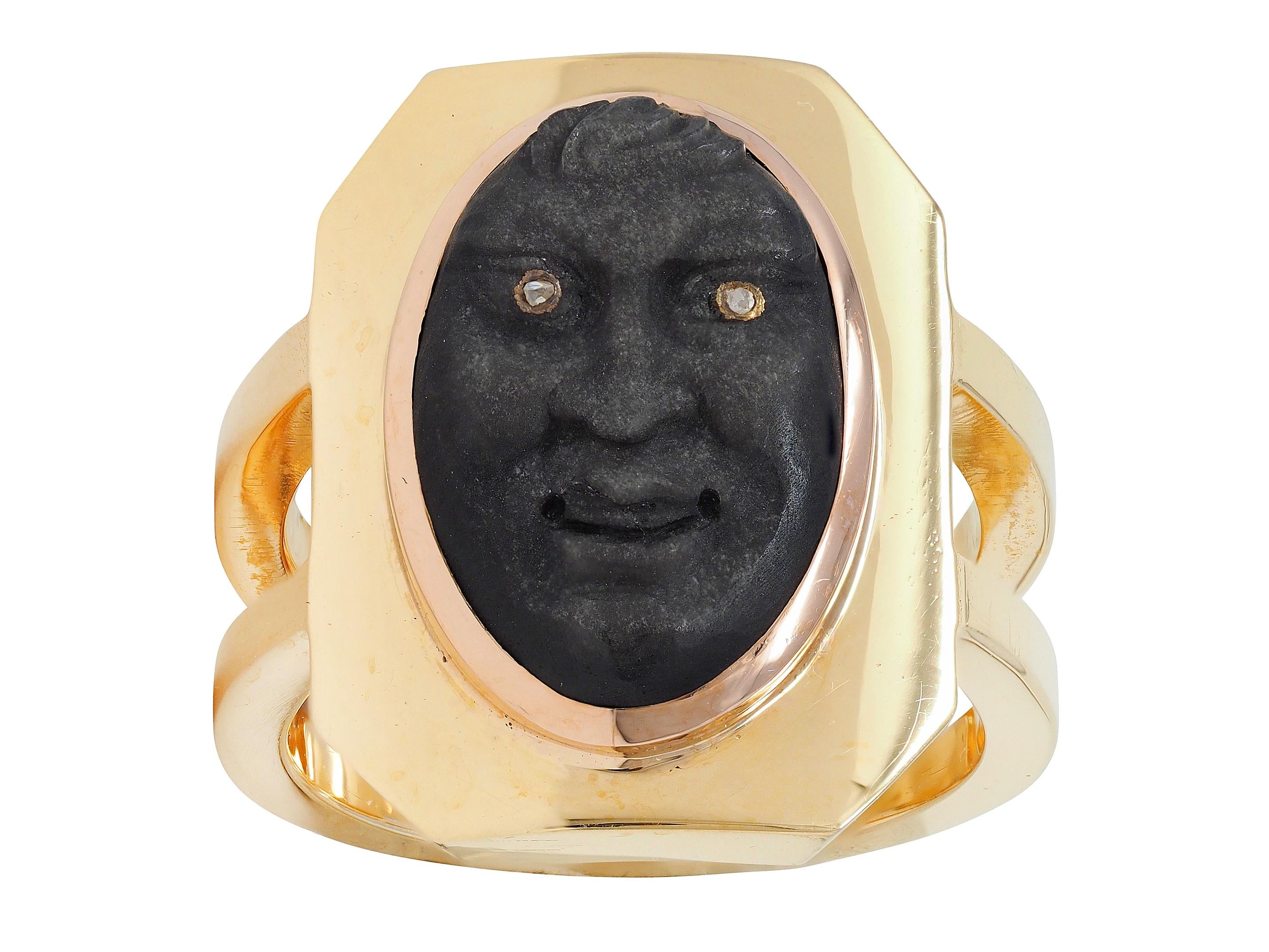 Vintage Diamond Carved Black Labradorite 18 Karat Two-Tone Gold Face Ring