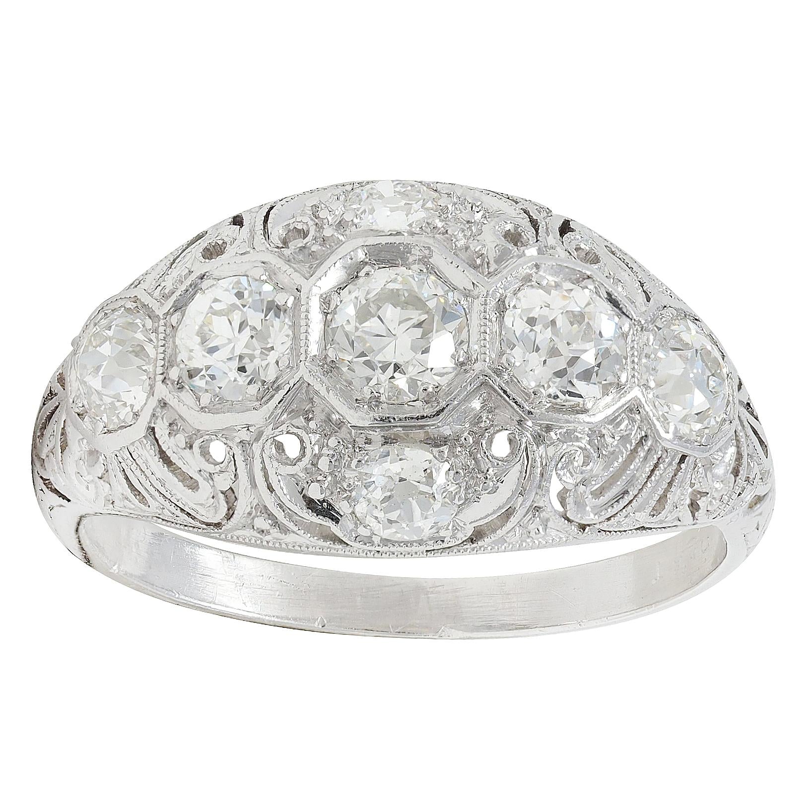 Art Deco 1.25 CTW Diamond Platinum Pierced Scrolling Vintage Bombé Band Ring