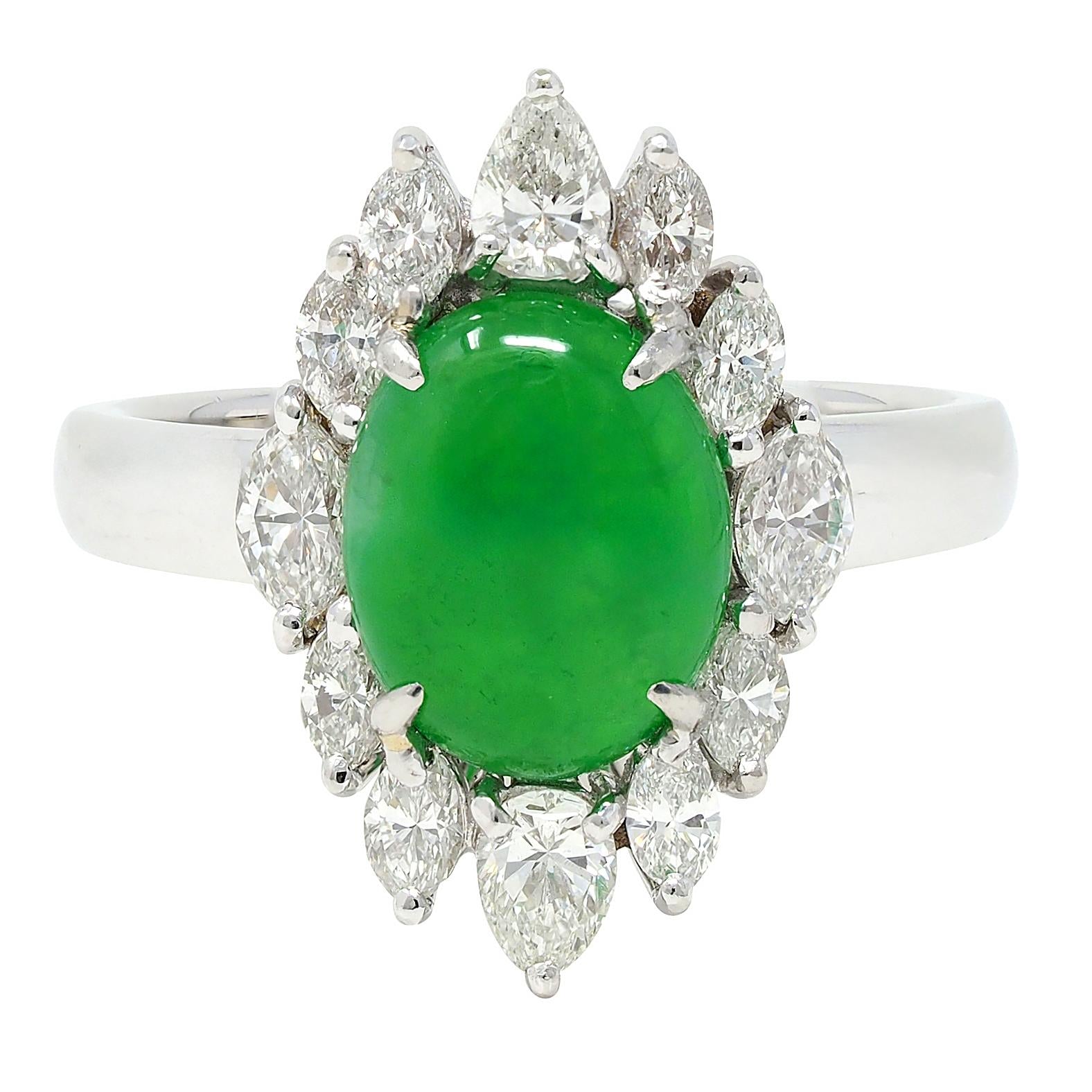 Contemporary Type A Jadeite Jade Fei Cui Diamond Platinum Halo Ring GIA