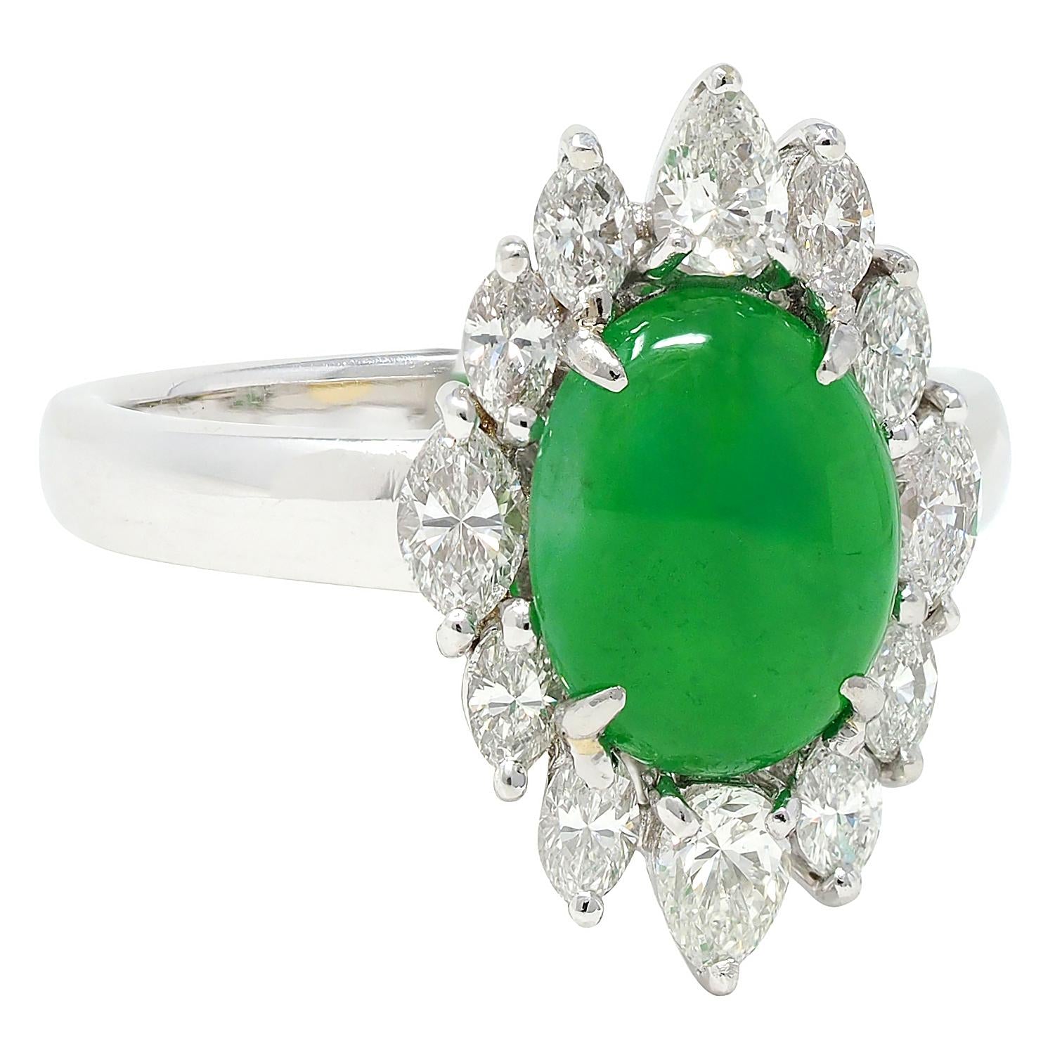 Contemporary Type A Jadeite Jade Fei Cui Diamond Platinum Halo Ring GIA