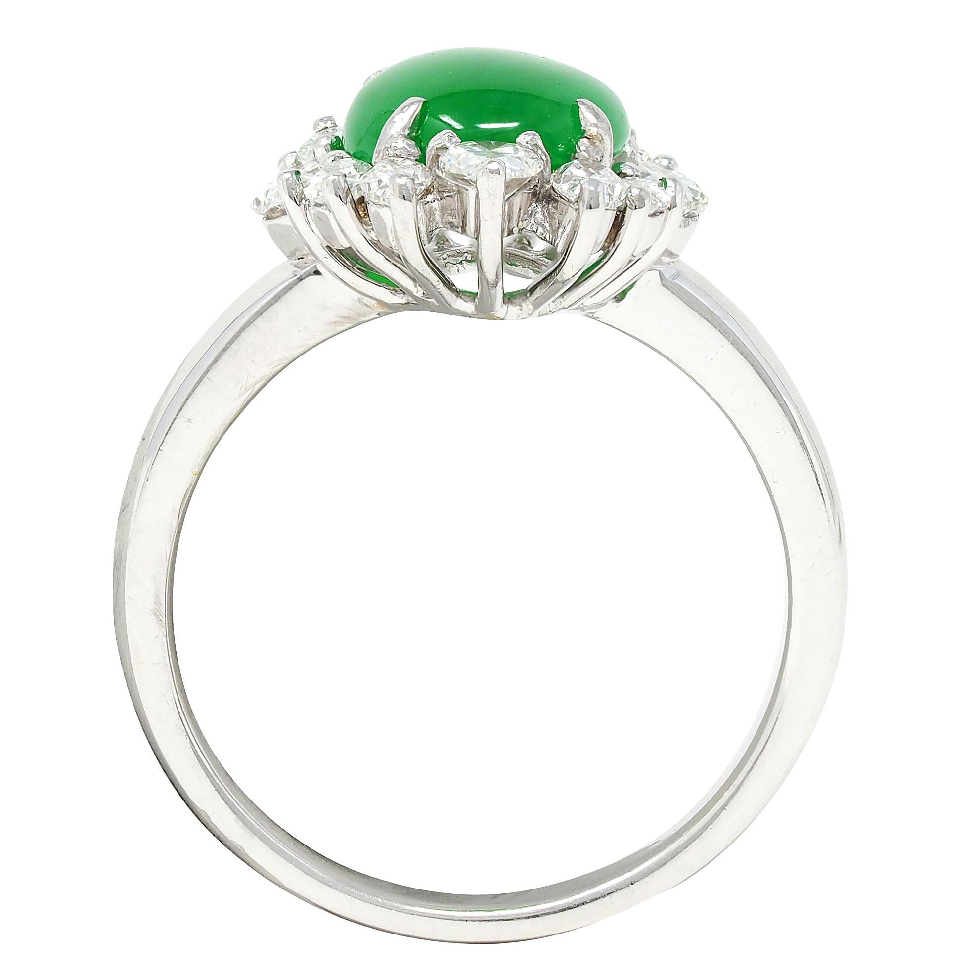 Contemporary Type A Jadeite Jade Fei Cui Diamond Platinum Halo Ring GIA