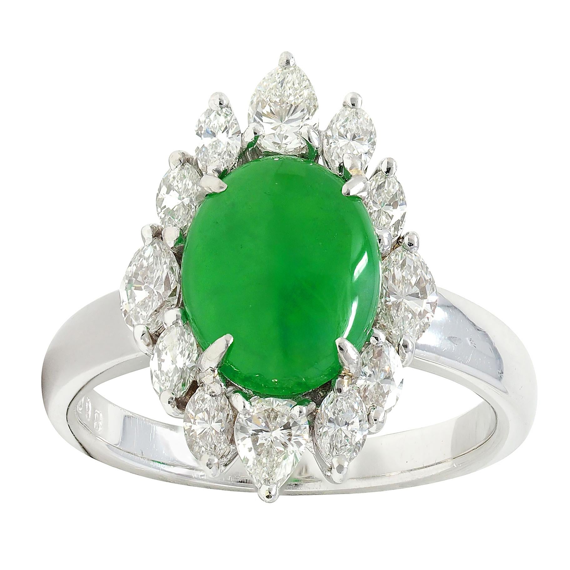 Contemporary Type A Jadeite Jade Fei Cui Diamond Platinum Halo Ring GIA