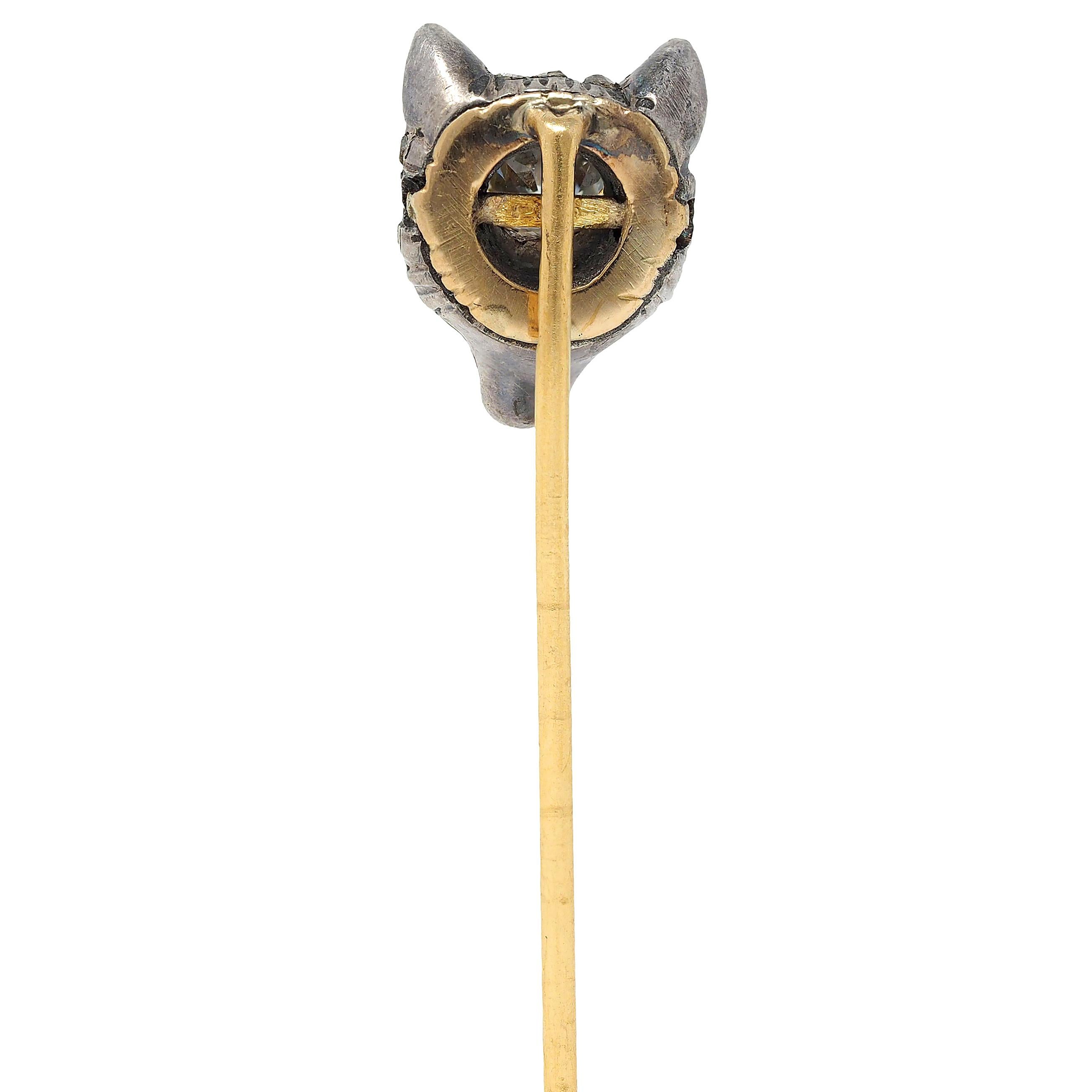 Edwardian Old Mine Diamond Ruby Silver 18 Karat Gold Antique Fox Head Stickpin