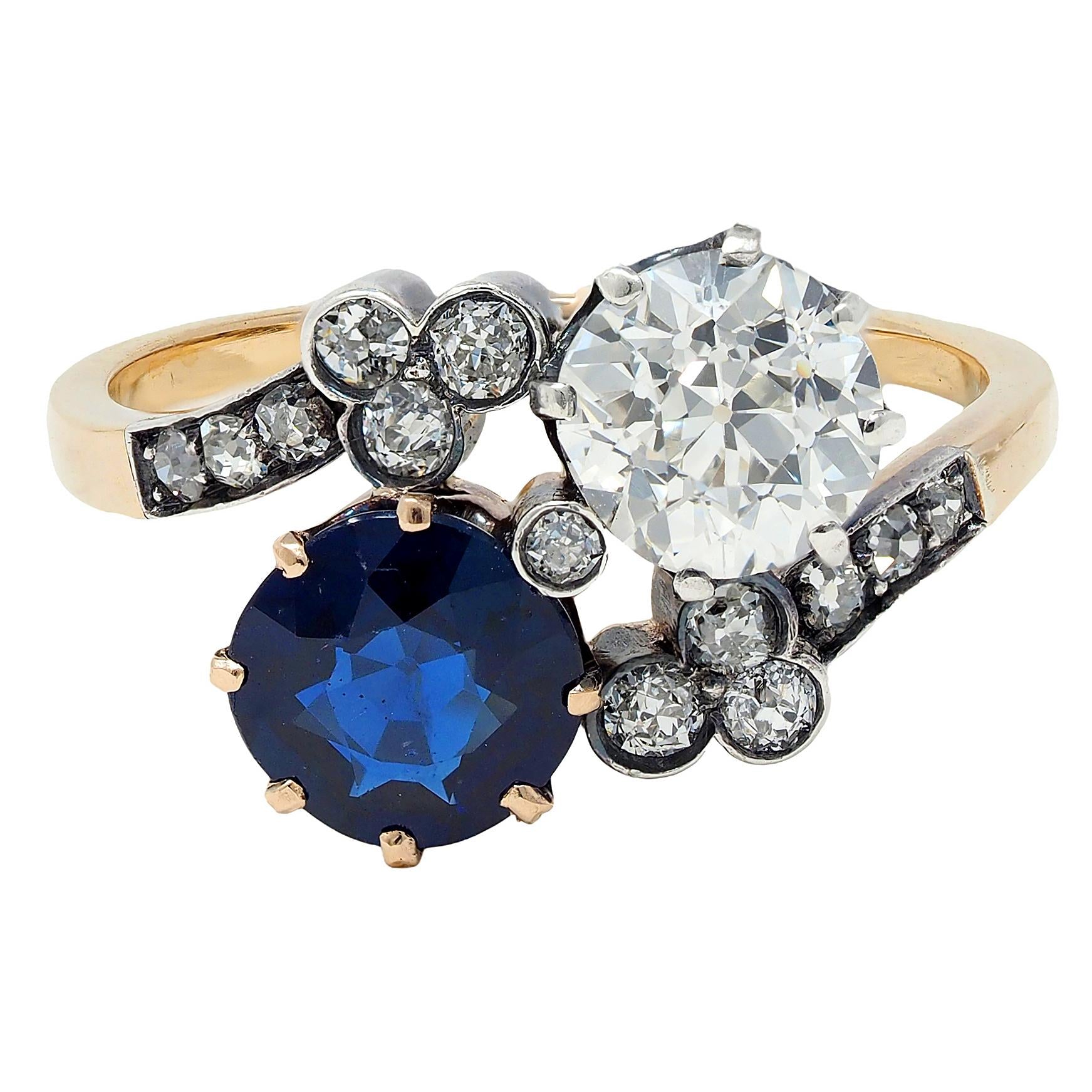 Edwardian 3.20 CTW Diamond Sapphire Silver 14K Gold Antique Toi et Moi Ring GIA