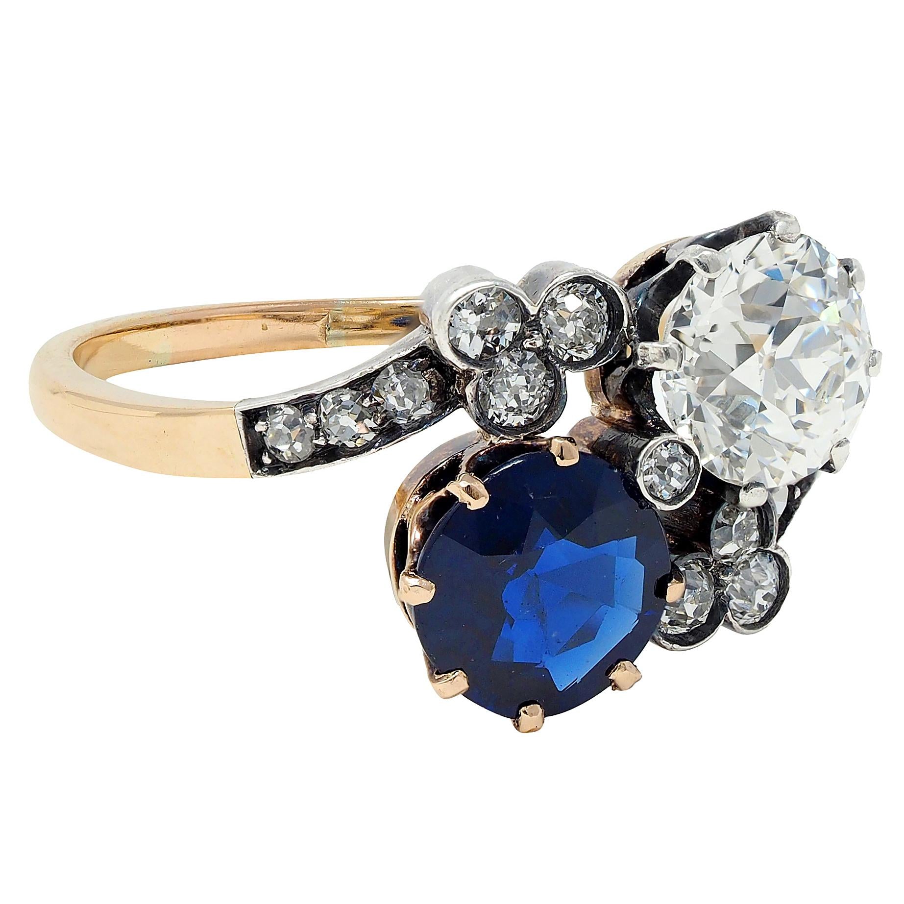 Edwardian 3.20 CTW Diamond Sapphire Silver 14K Gold Antique Toi et Moi Ring GIA