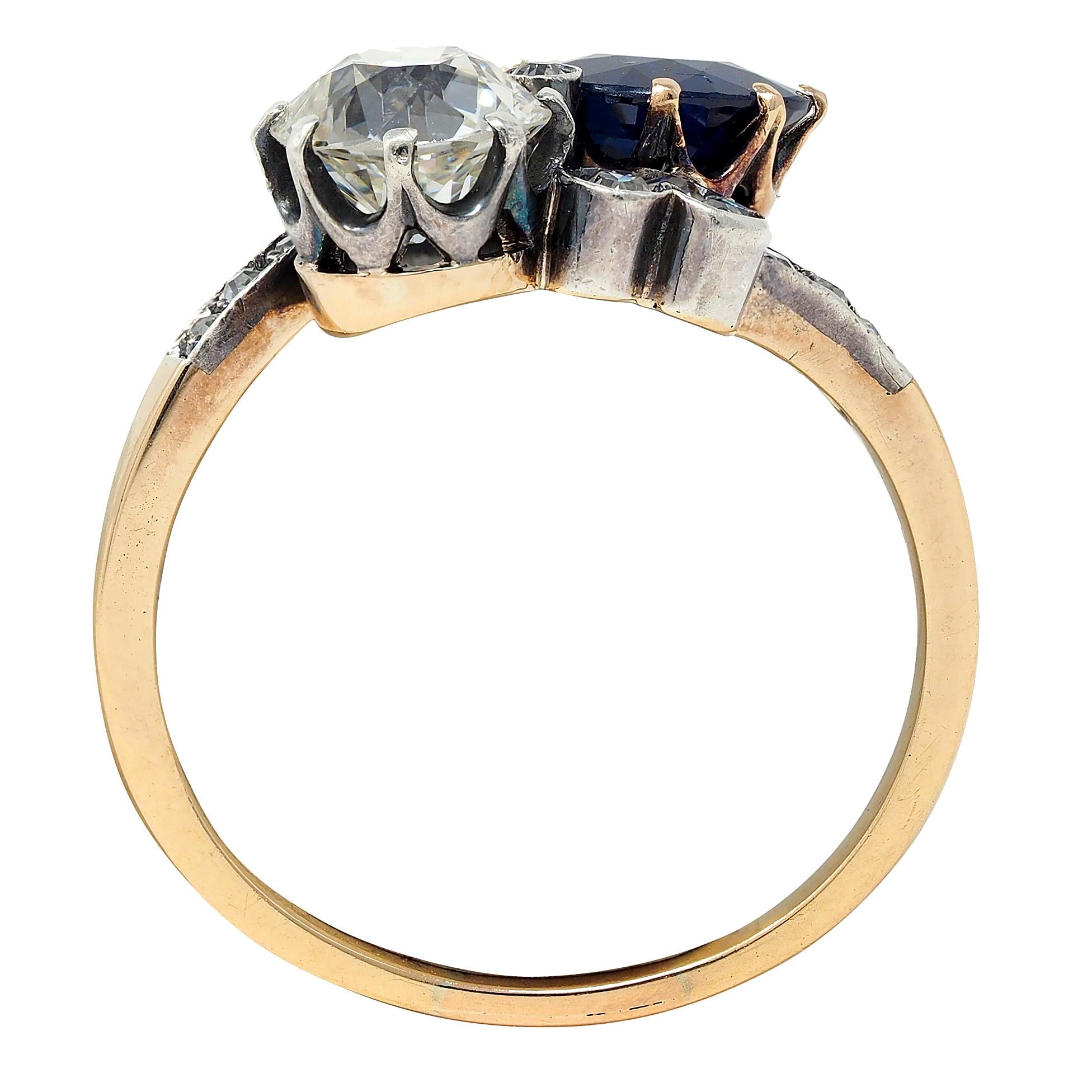 Edwardian 3.20 CTW Diamond Sapphire Silver 14K Gold Antique Toi et Moi Ring GIA