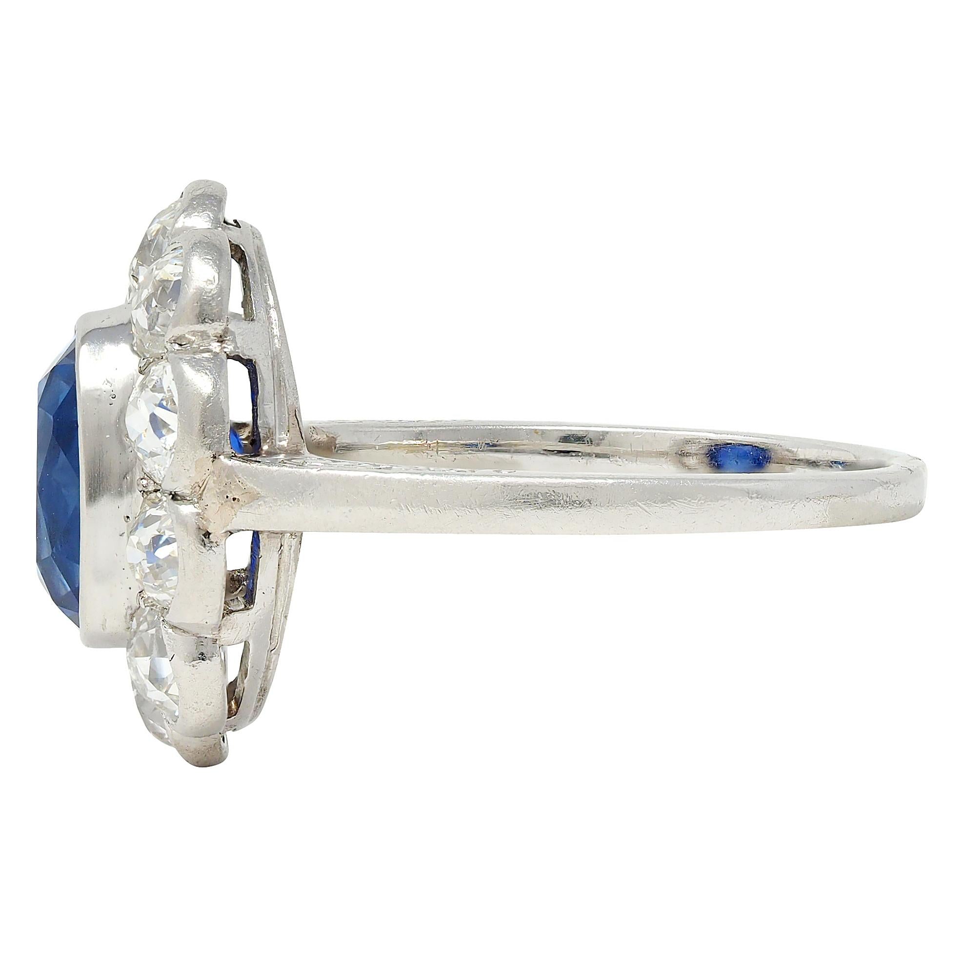 Art Deco 4.16 CTW No Heat Ceylon Sapphire Diamond Platinum Vintage Halo Ring GIA