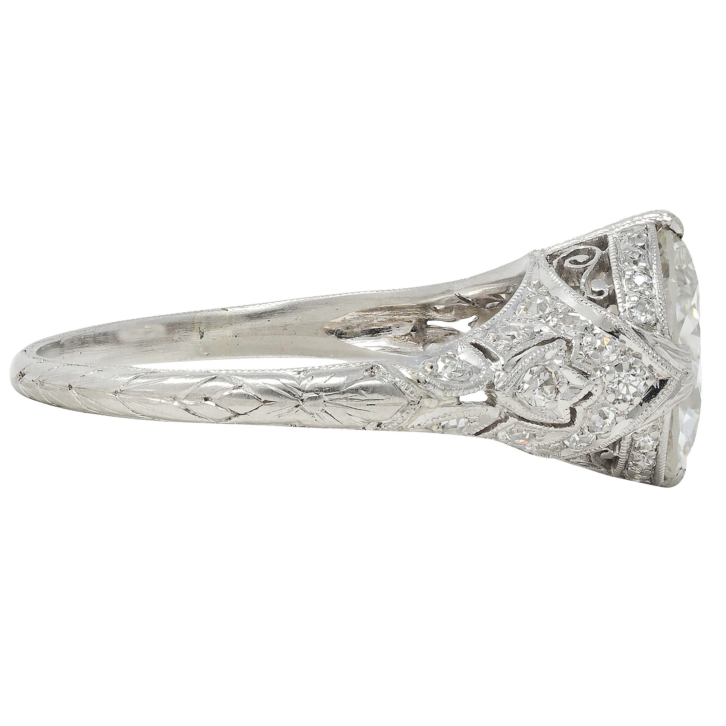 Art Deco 2.58 CTW European Diamond Platinum Vintage Lotus Engagement Ring GIA