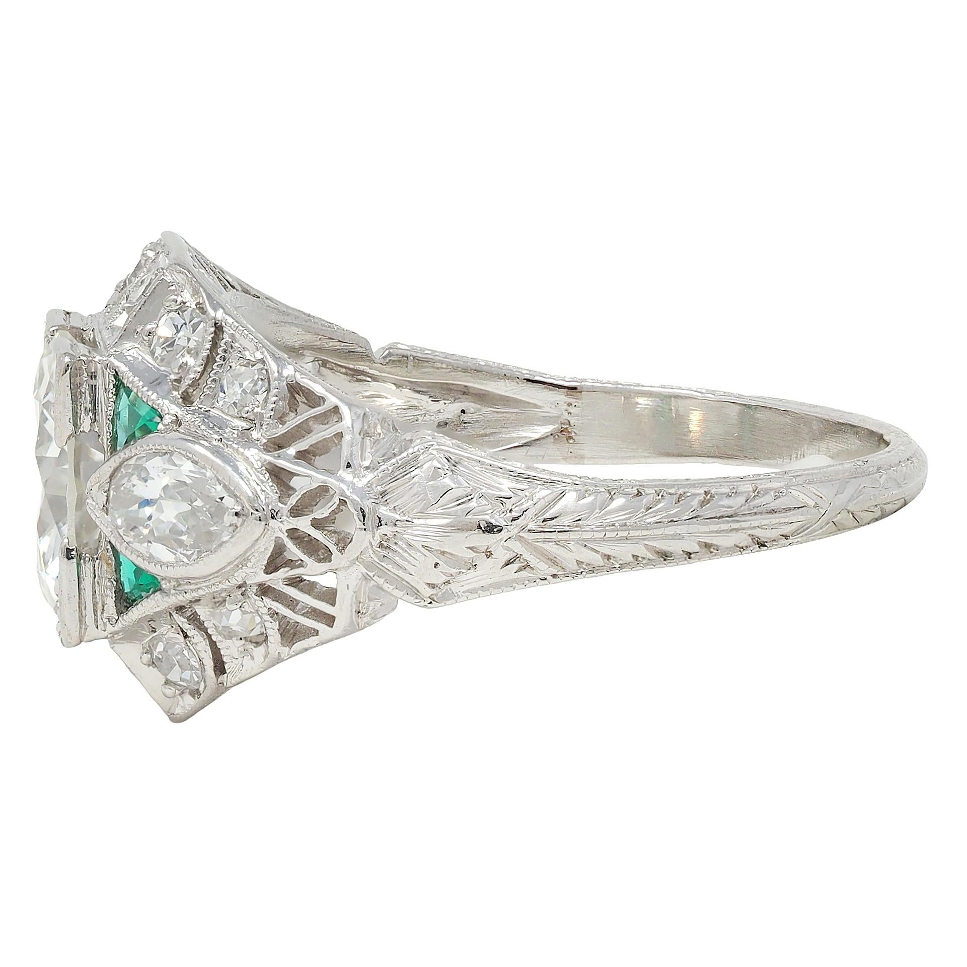 Art Deco 1.72 CTW Diamond Emerald Platinum Vintage Wheat Bombé Engagement Ring