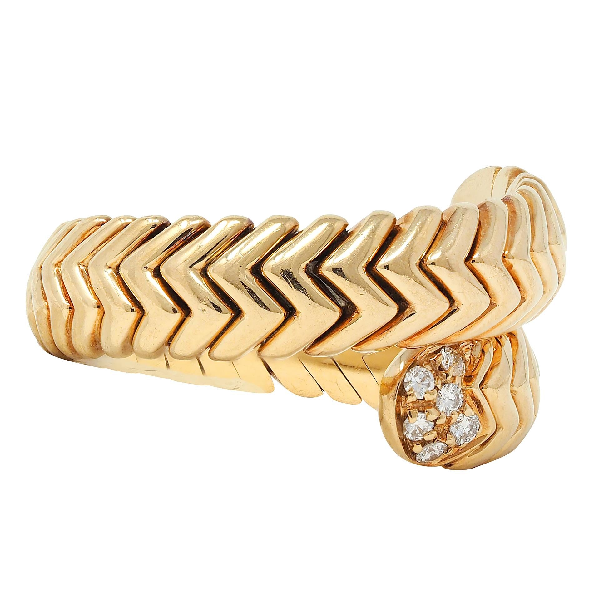 Bulgari Vintage Diamond 18 Karat Yellow Gold Spiga Tubogas Bypass Ring