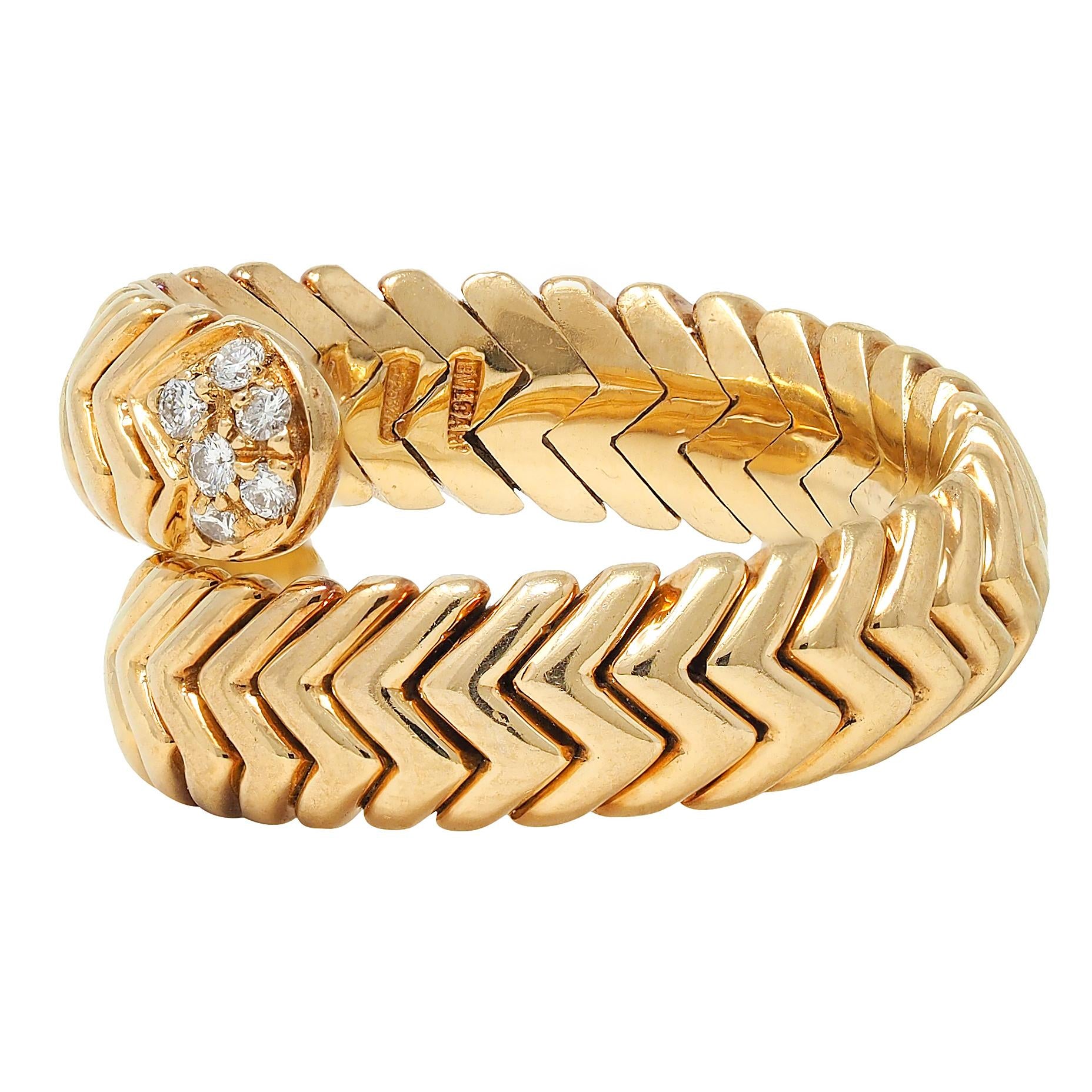 Bulgari Vintage Diamond 18 Karat Yellow Gold Spiga Tubogas Bypass Ring