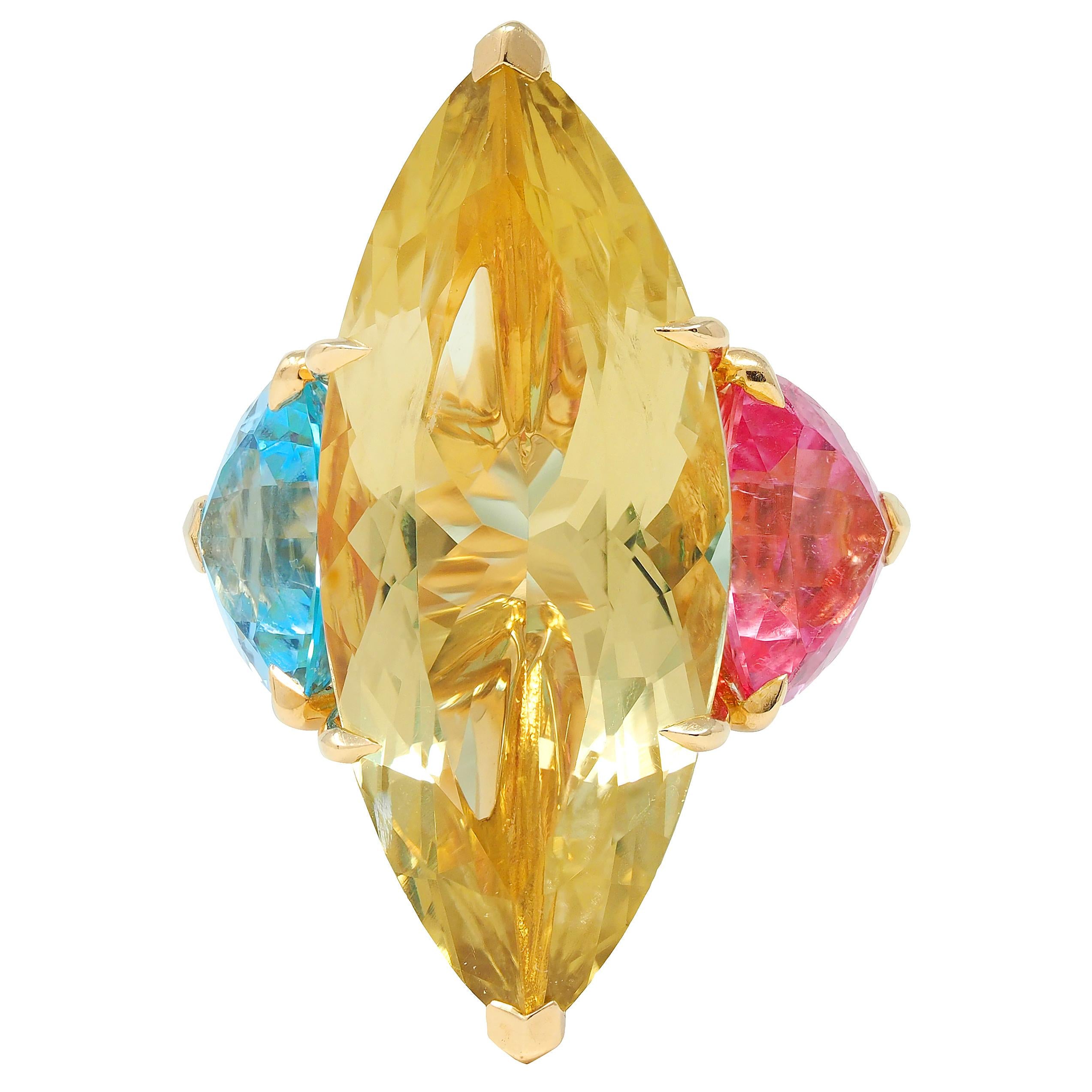 Dior French Lemon Quartz Tourmaline Topaz 18K Gold Three Stone Cocktail Ring