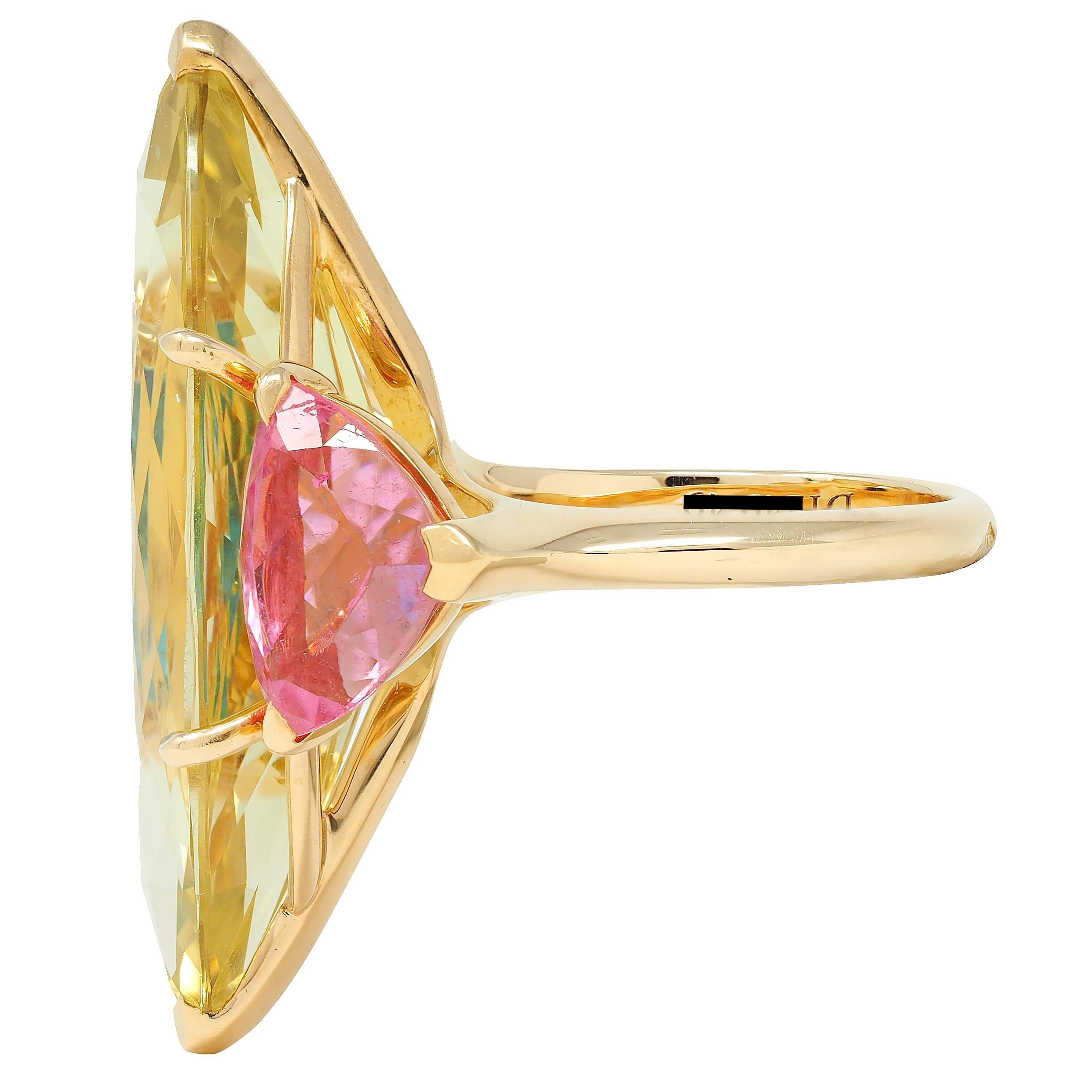 Dior French Lemon Quartz Tourmaline Topaz 18K Gold Three Stone Cocktail Ring