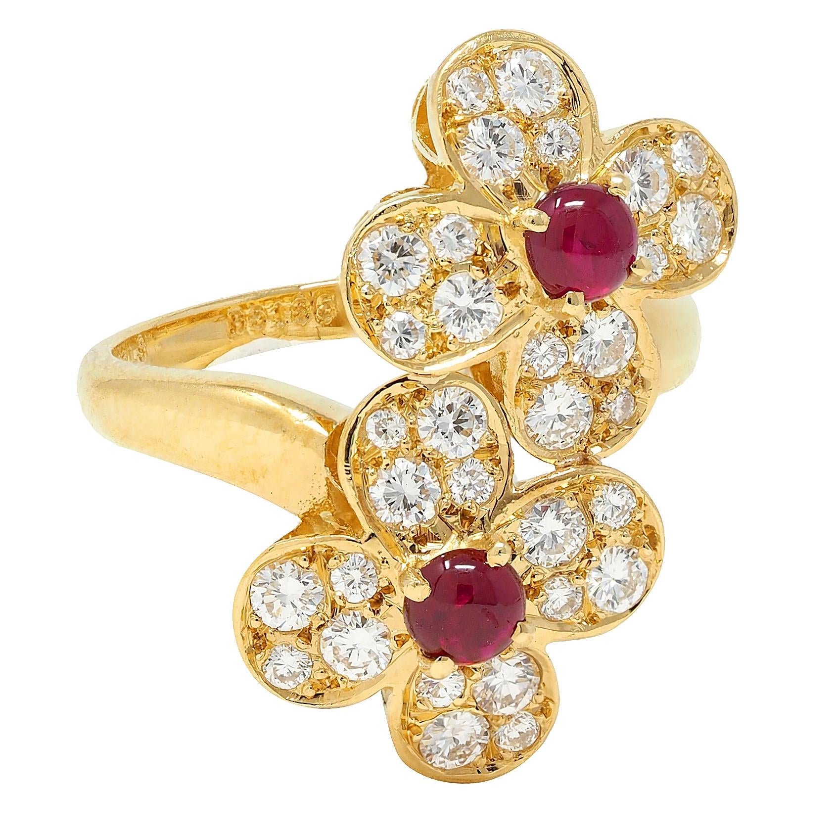 Van Cleef & Arpels French Ruby Diamond 18 Karat Yellow Gold Trefle Bypass Ring