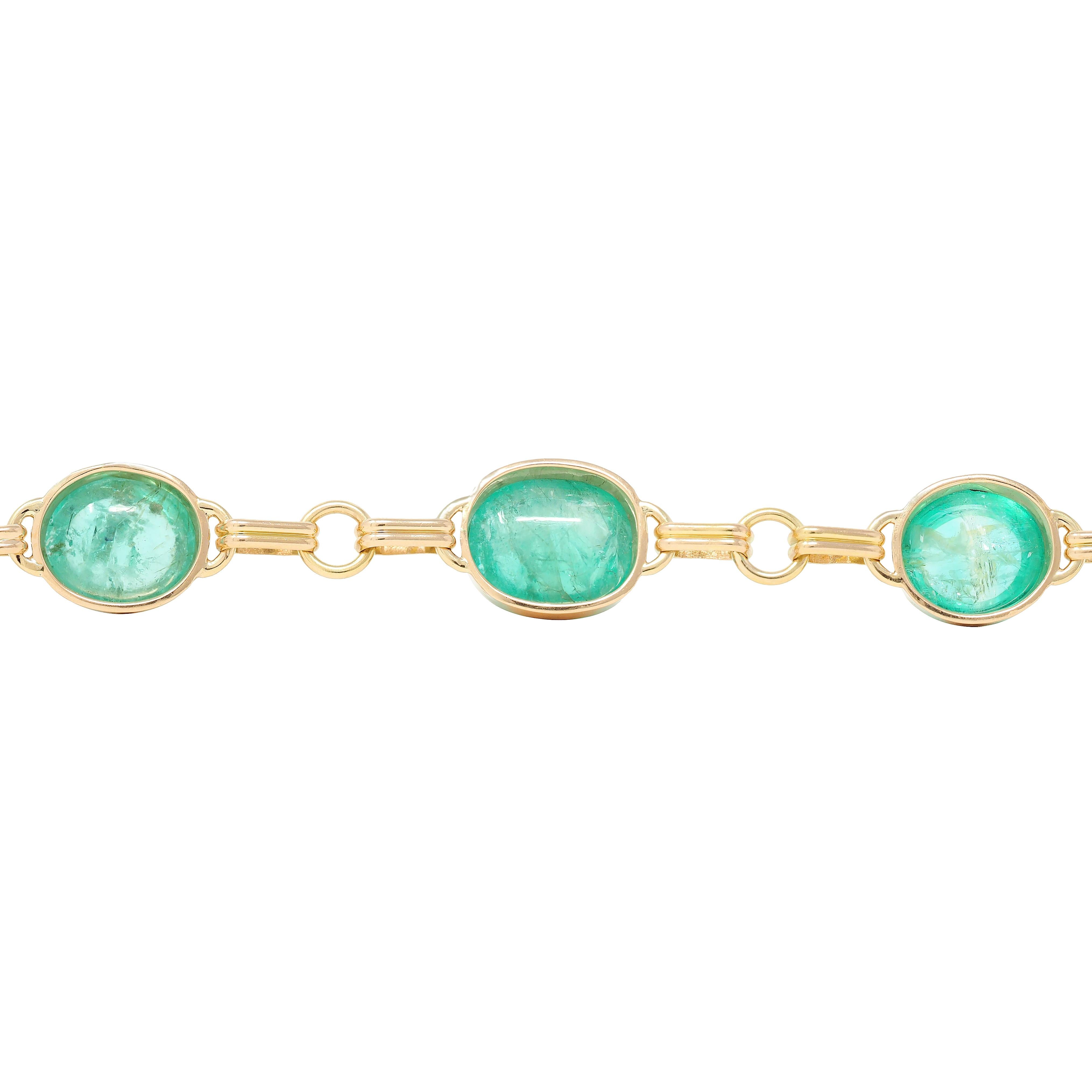 1940's 21.46 CTW Emerald Cabochon 14K Yellow Gold Fancy Link Vintage Bracelet