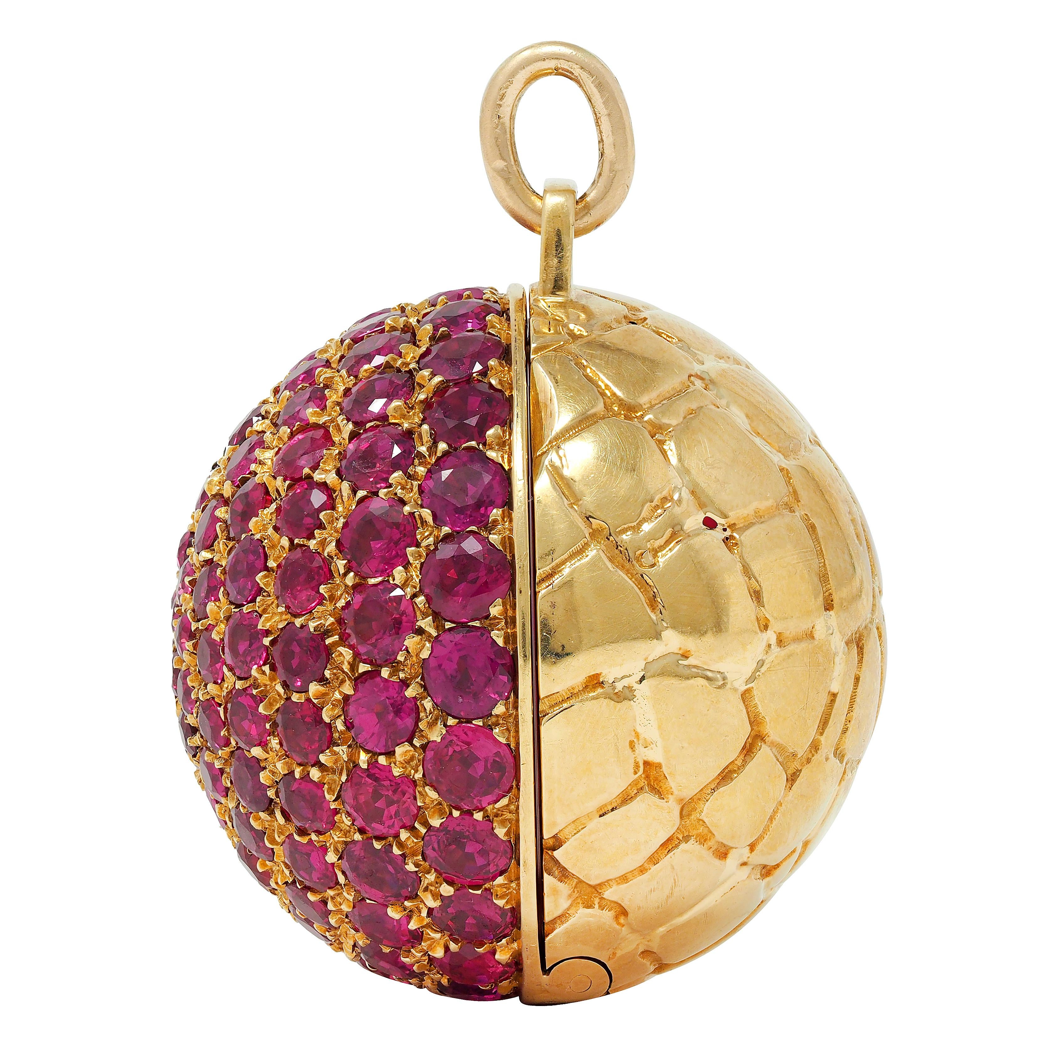 Gucci Contemporary 15.25 CTW Ruby 18 Karat Yellow Gold Pavé Ball Locket Pendant