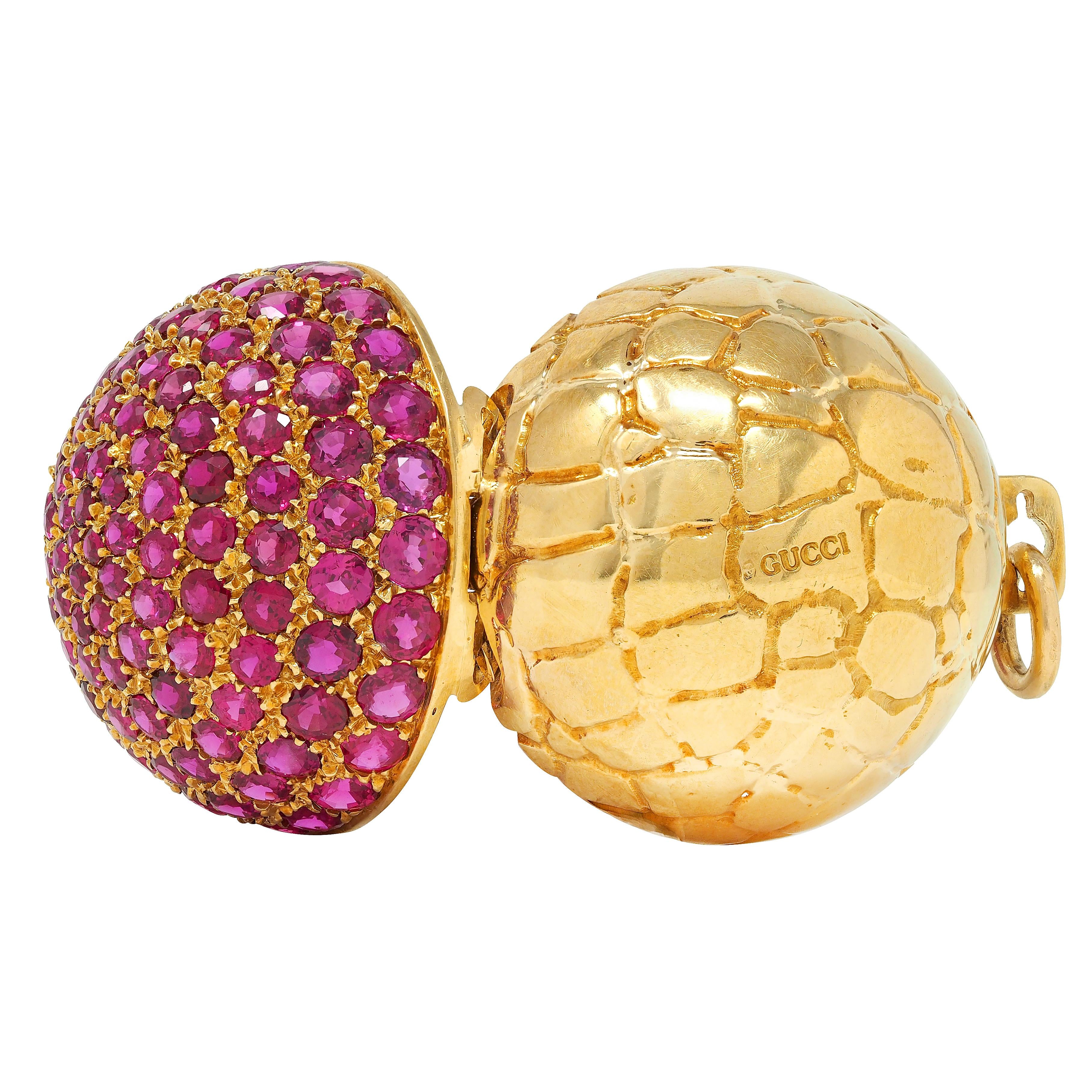 Gucci Contemporary 15.25 CTW Ruby 18 Karat Yellow Gold Pavé Ball Locket Pendant