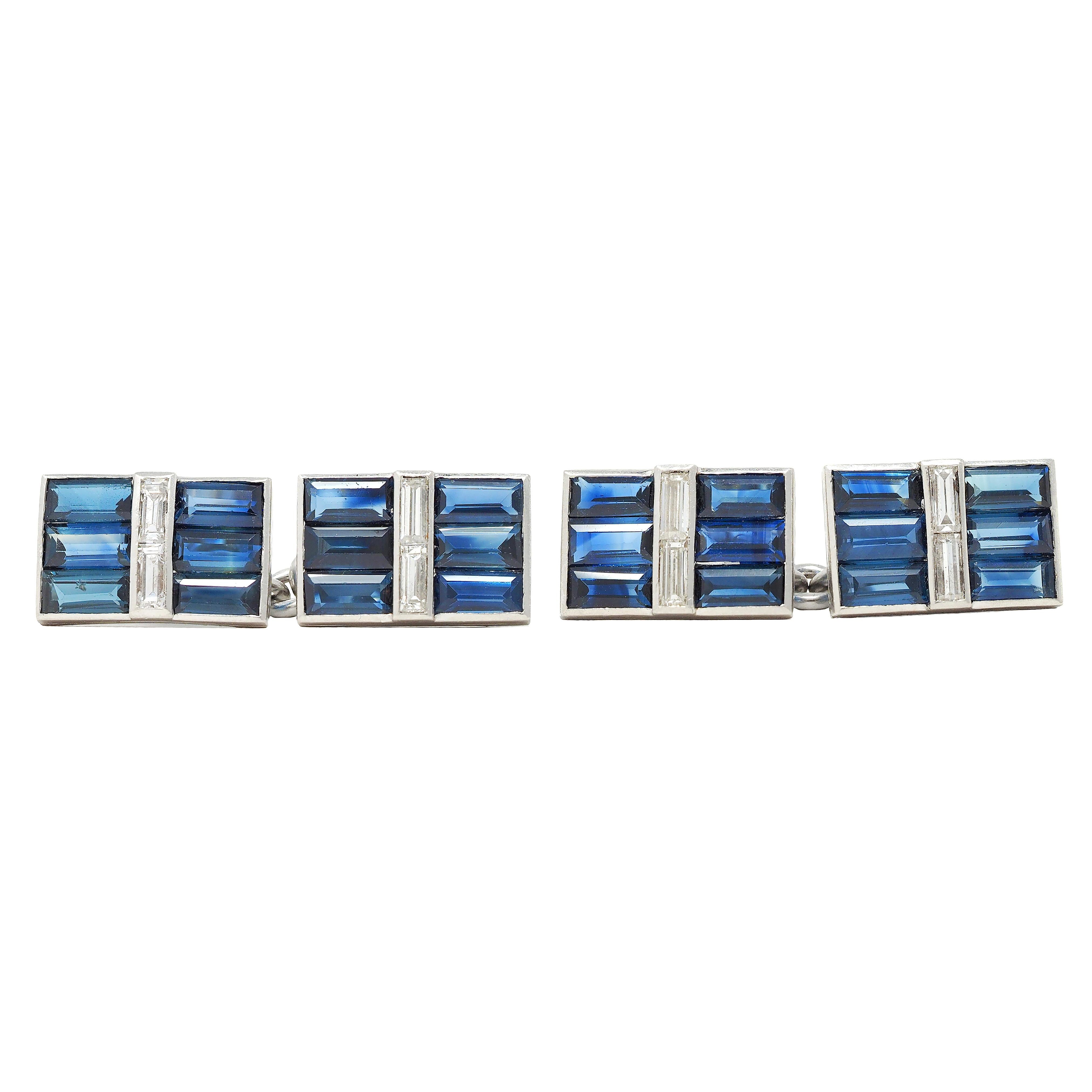 Art Deco 5.44 CTW Sapphire Diamond 14 Karat White Gold Vintage Cufflinks