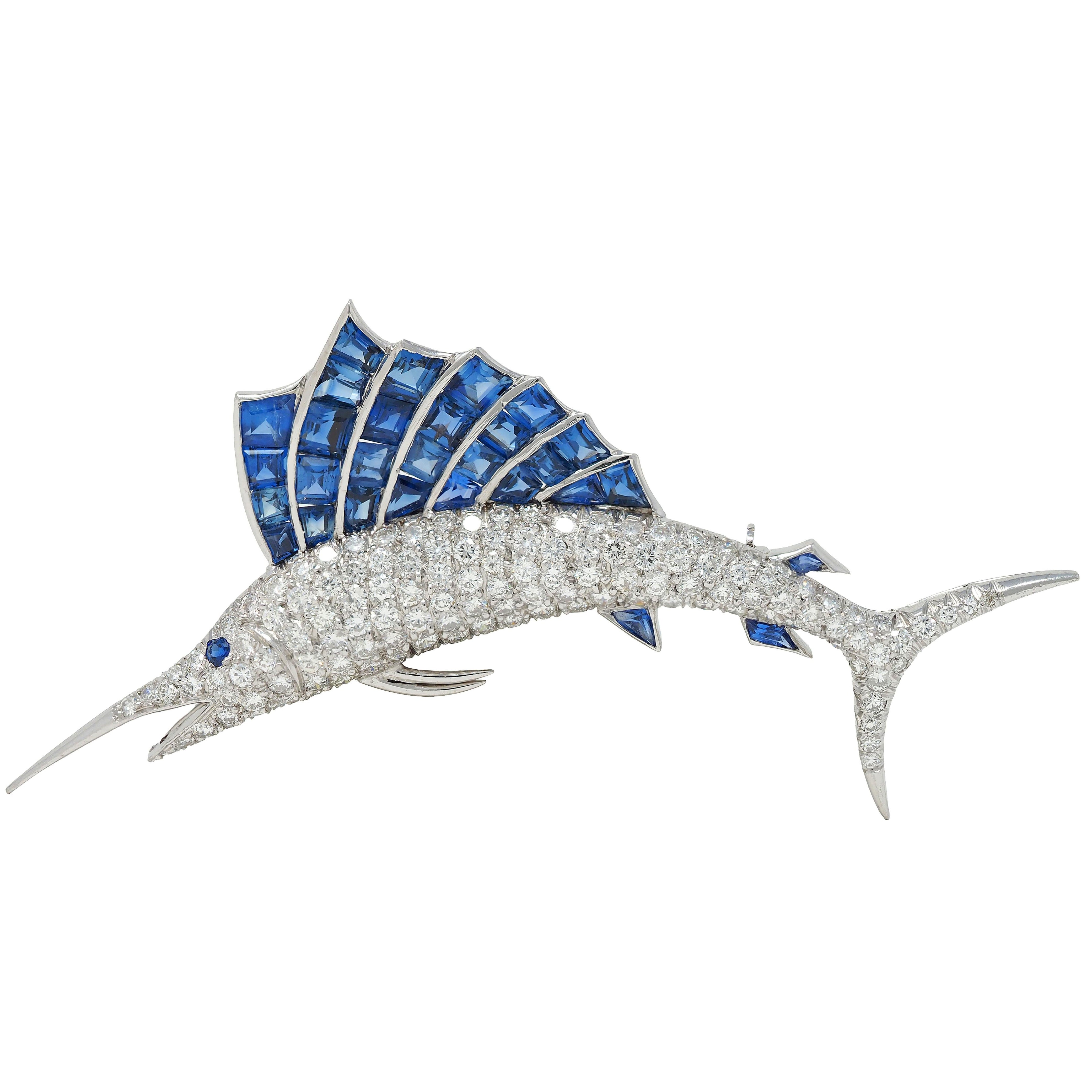 1950's Vintage 9.33 CTW Diamond Sapphire Platinum Unisex Sailfish Fish Brooch