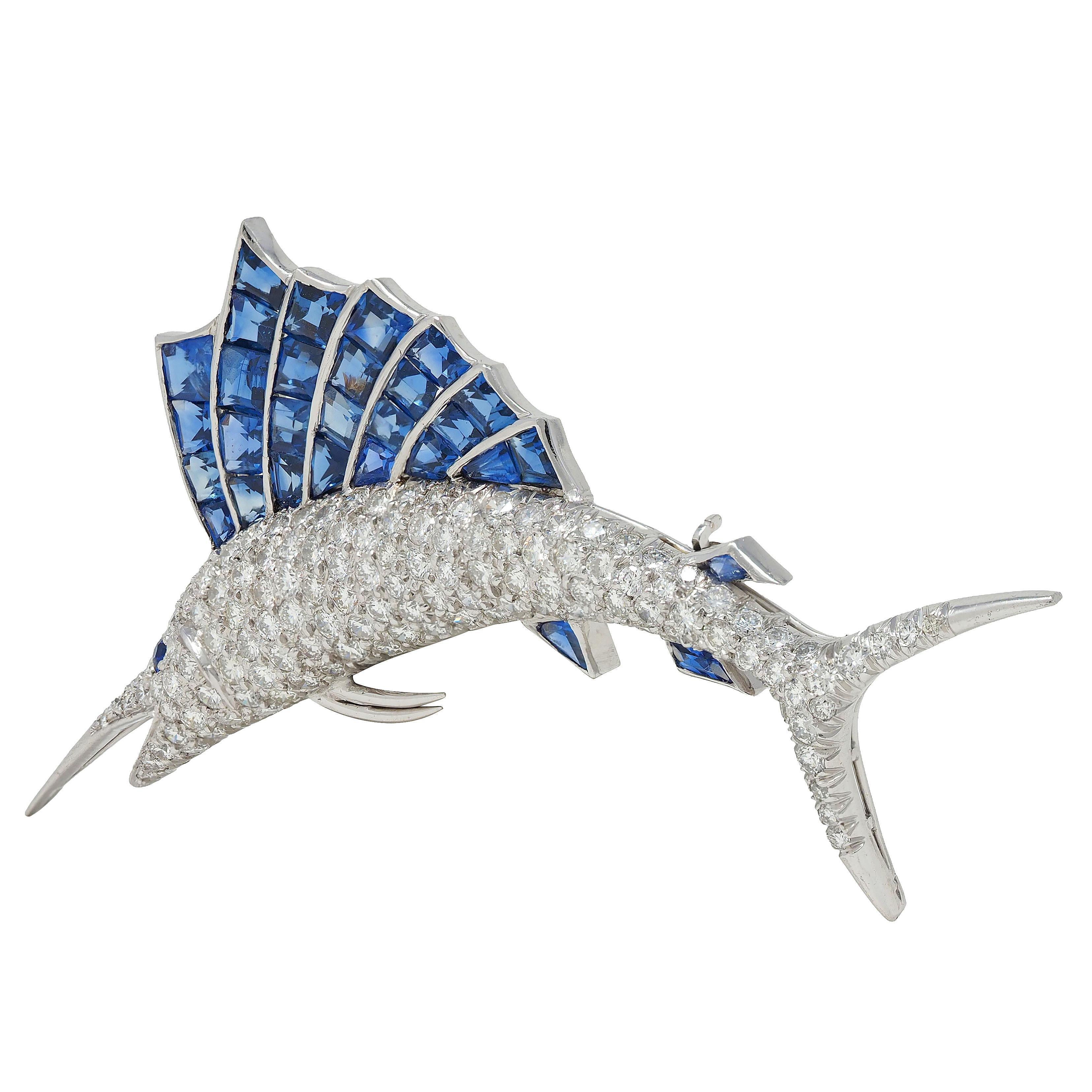 1950's Vintage 9.33 CTW Diamond Sapphire Platinum Unisex Sailfish Fish Brooch