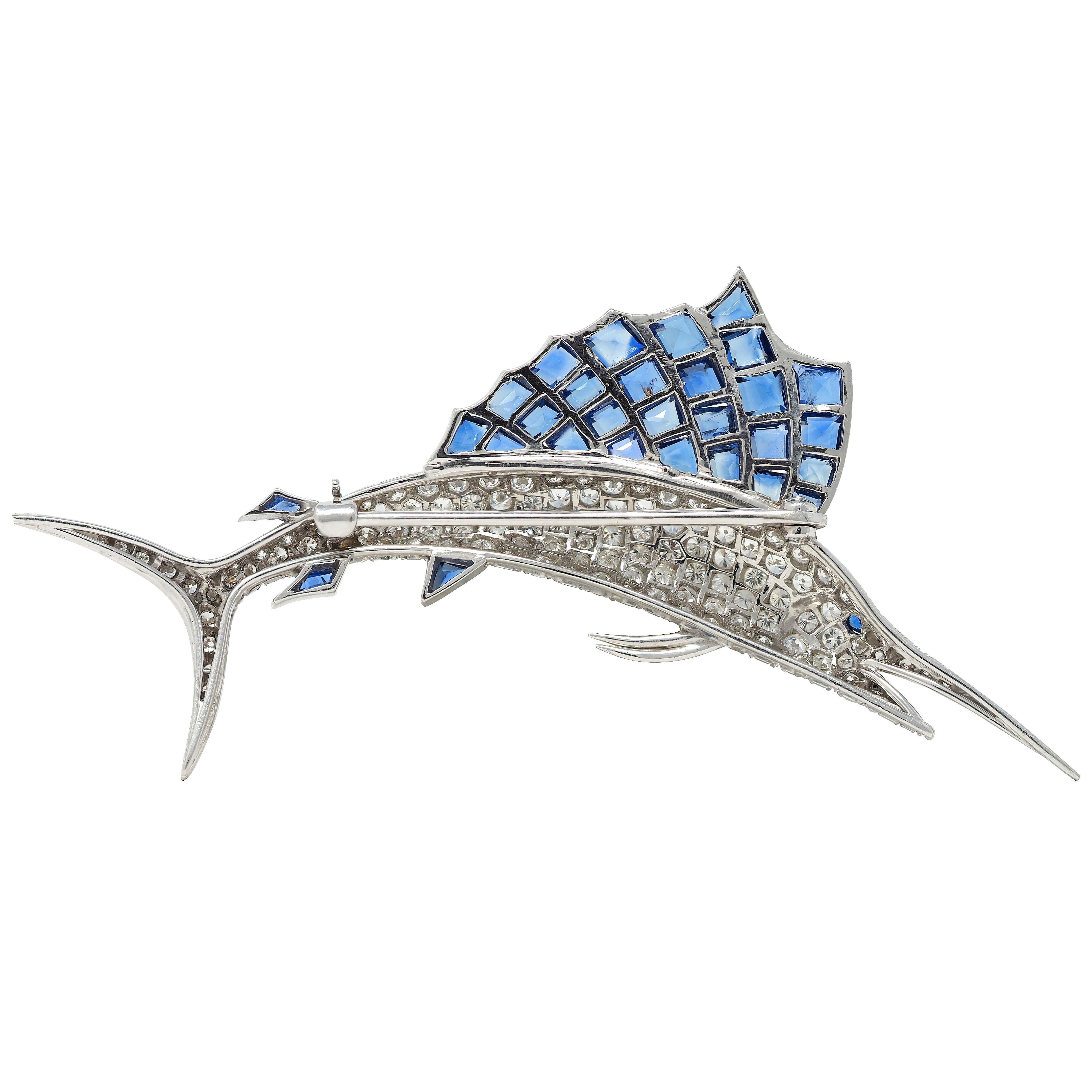 1950's Vintage 9.33 CTW Diamond Sapphire Platinum Unisex Sailfish Fish Brooch