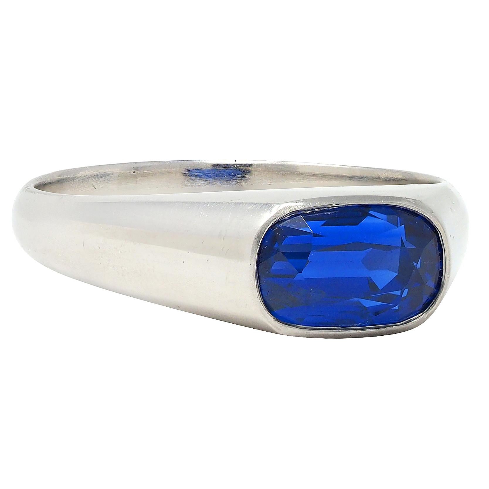 Vintage 4.12 CTW No Heat Ceylon Sapphire Platinum Flush Unisex Signet Ring