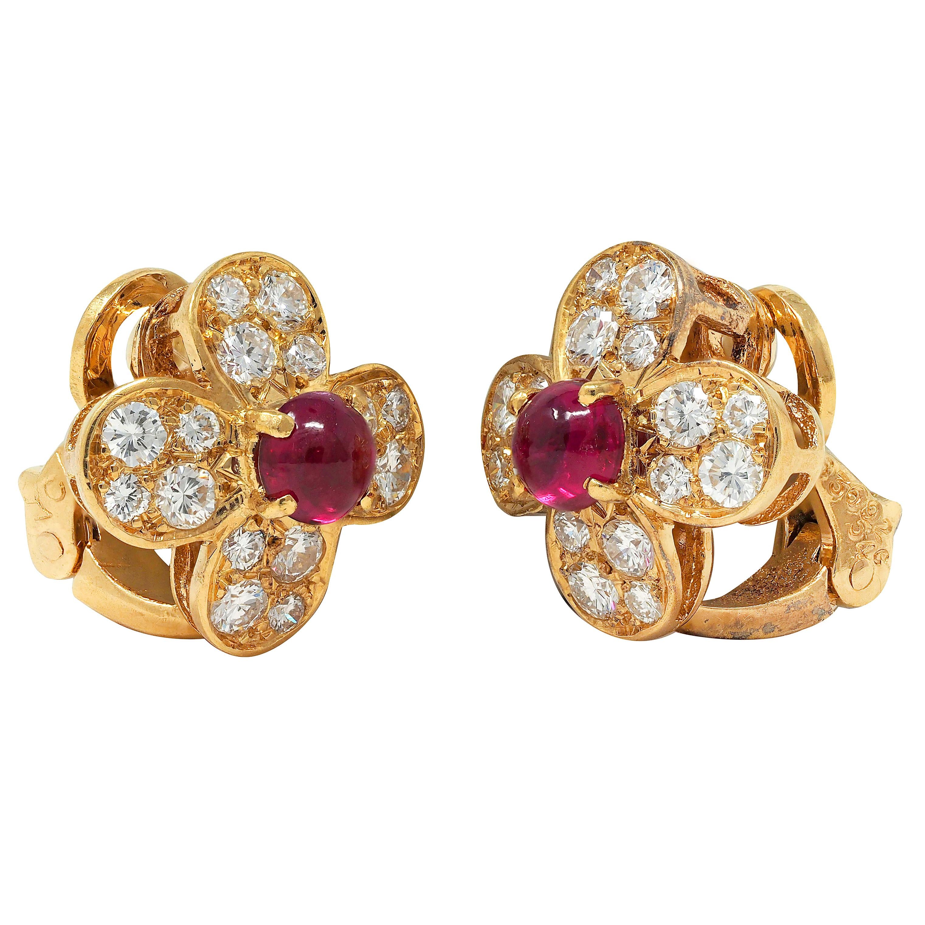 Van Cleef & Arpels French Ruby Diamond 18K Gold Alhambra Ear-Clip Earrings