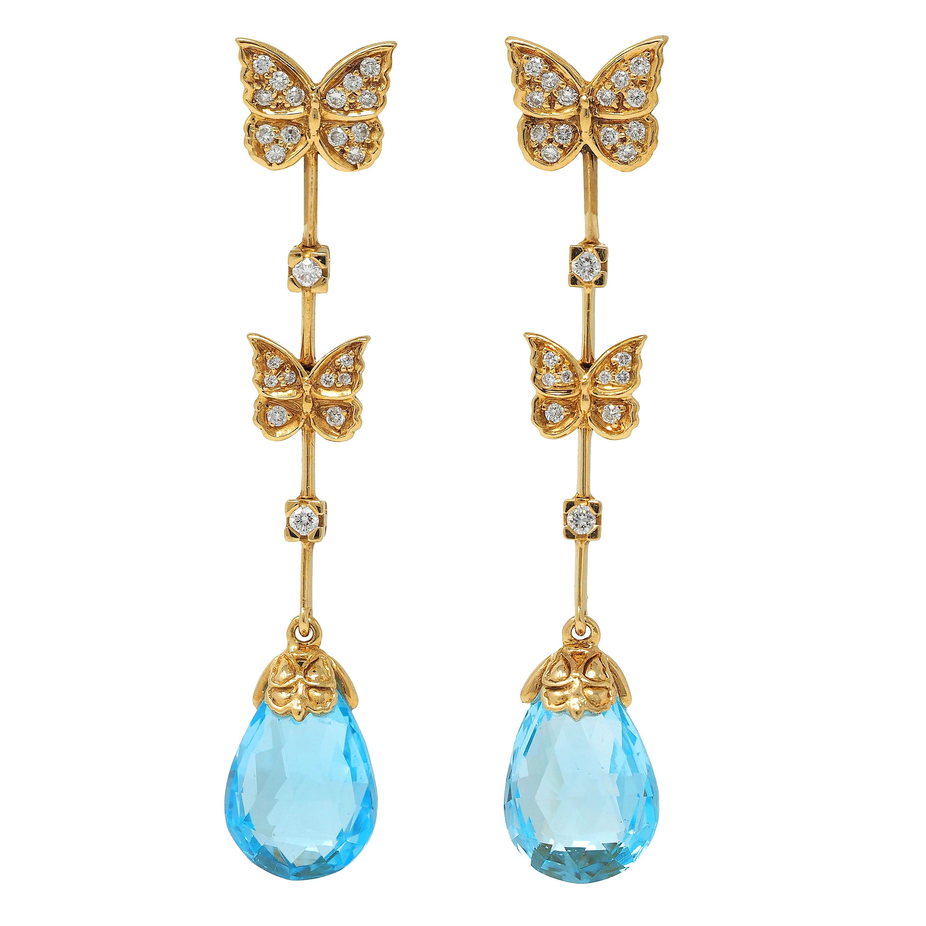 Carerra y Carerra Diamond Topaz 18 Karat Yellow Gold Butterfly Drop Earrings