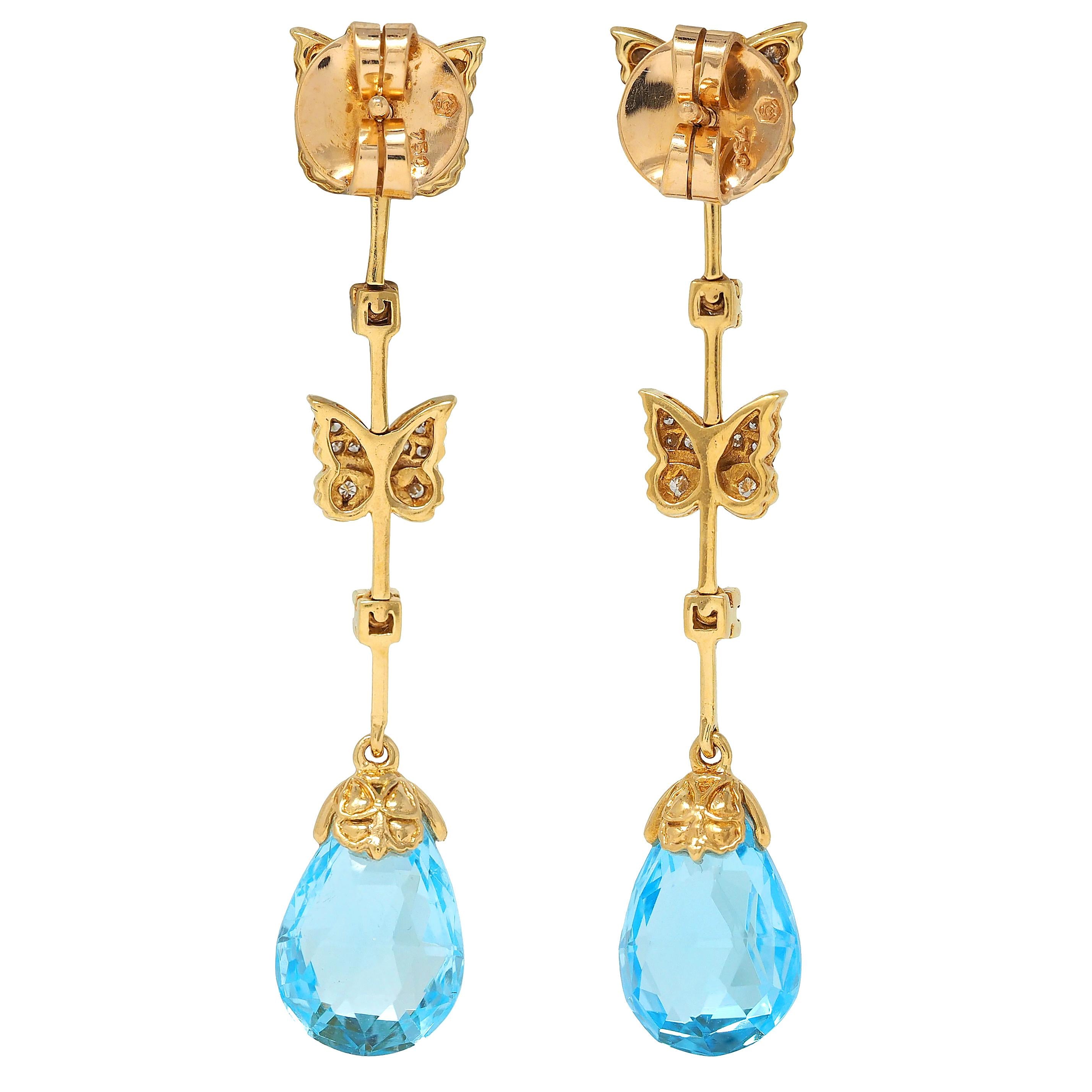 Carerra y Carerra Diamond Topaz 18 Karat Yellow Gold Butterfly Drop Earrings