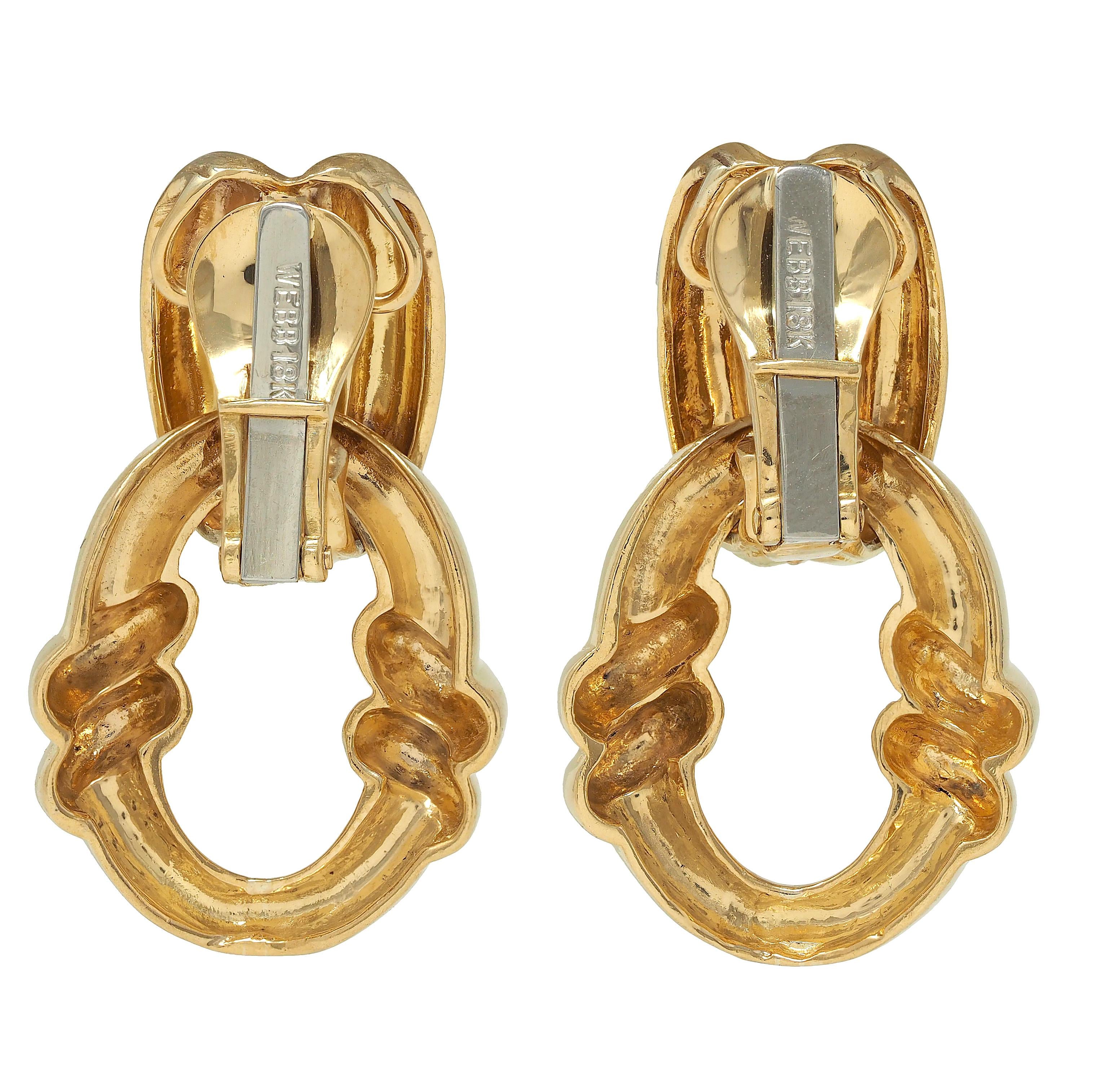 David Webb 1980's 18 Karat Yellow Gold Vintage Door Knocker Ear-Clip Earrings