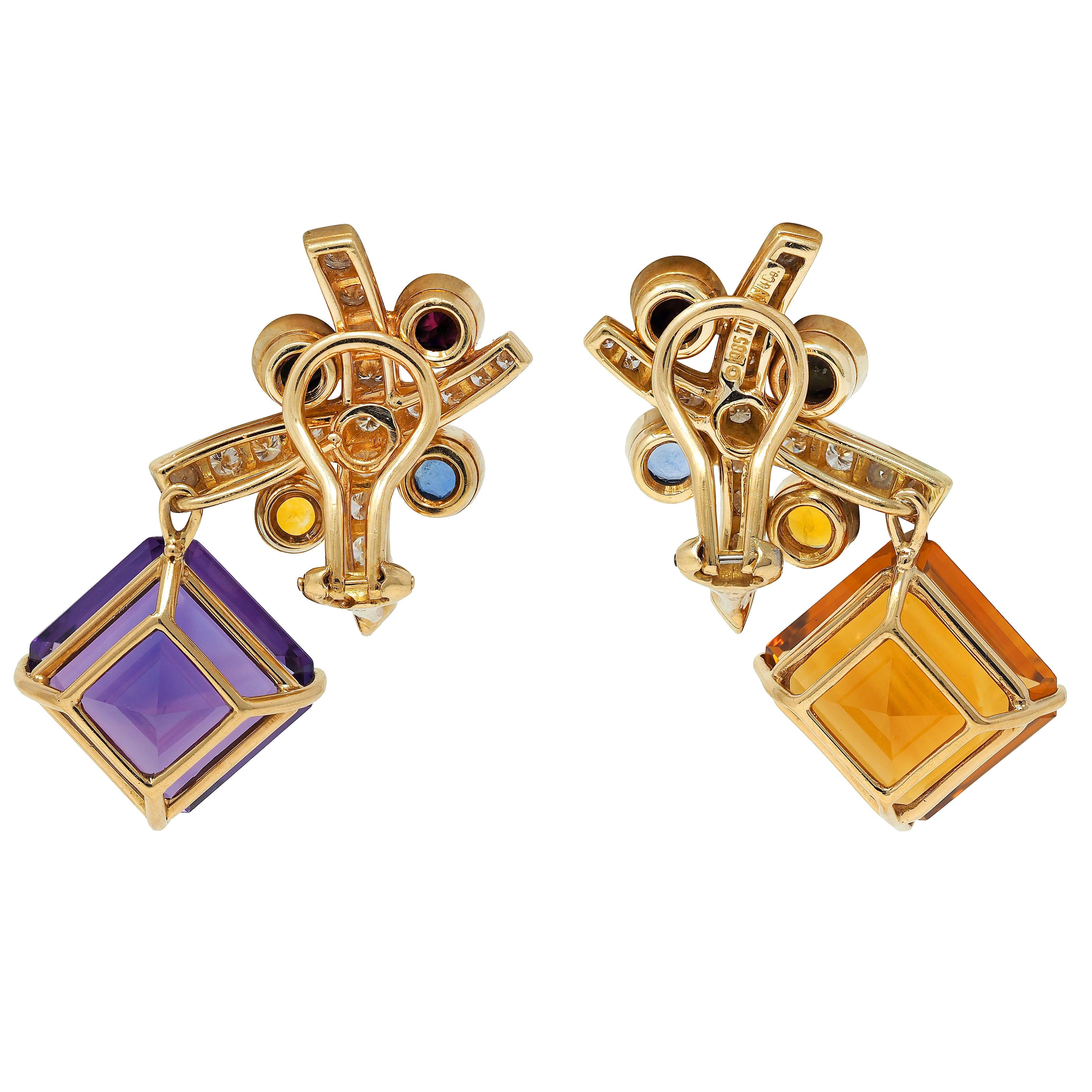 Tiffany & Co Paloma Picasso 1985 Multi-Gem 18K Gold Convertible Vintage Earrings