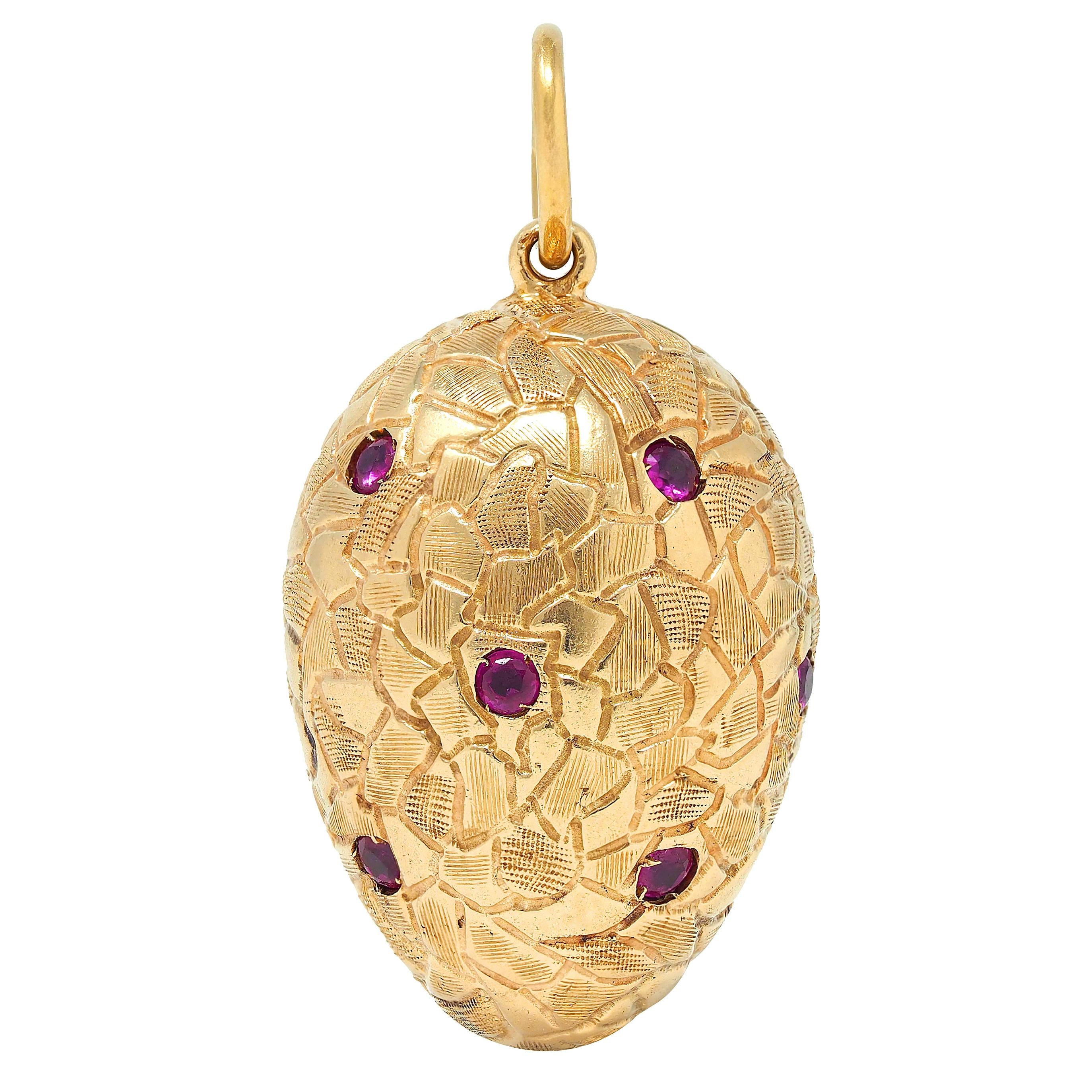 1960's Ruby 14 Karat Yellow Gold Crackled Vintage Egg Pendant