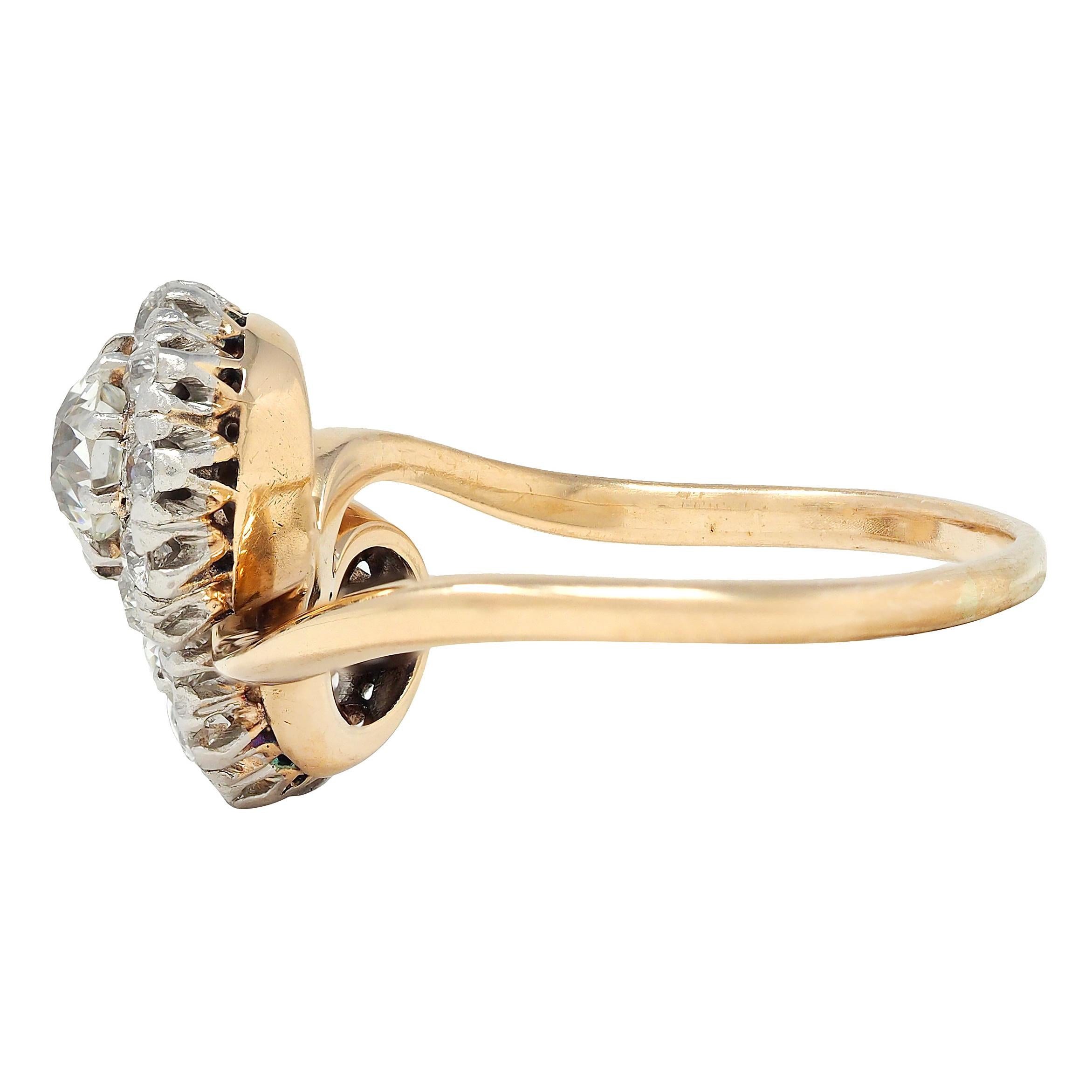 Edwardian Diamond Platinum 14K Yellow Gold Antique Bypass Toi-Et-Moi Halo Ring