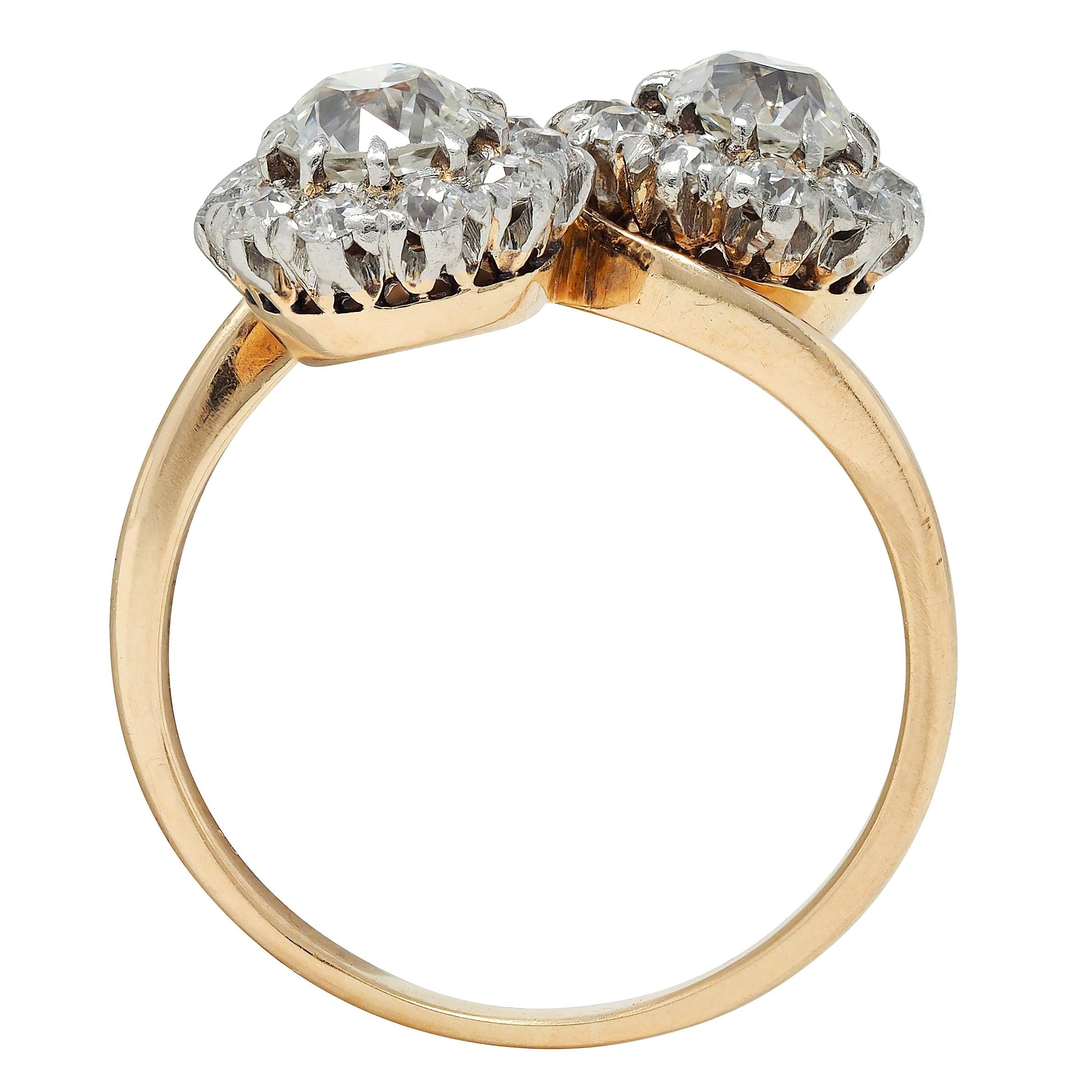 Edwardian Diamond Platinum 14K Yellow Gold Antique Bypass Toi-Et-Moi Halo Ring