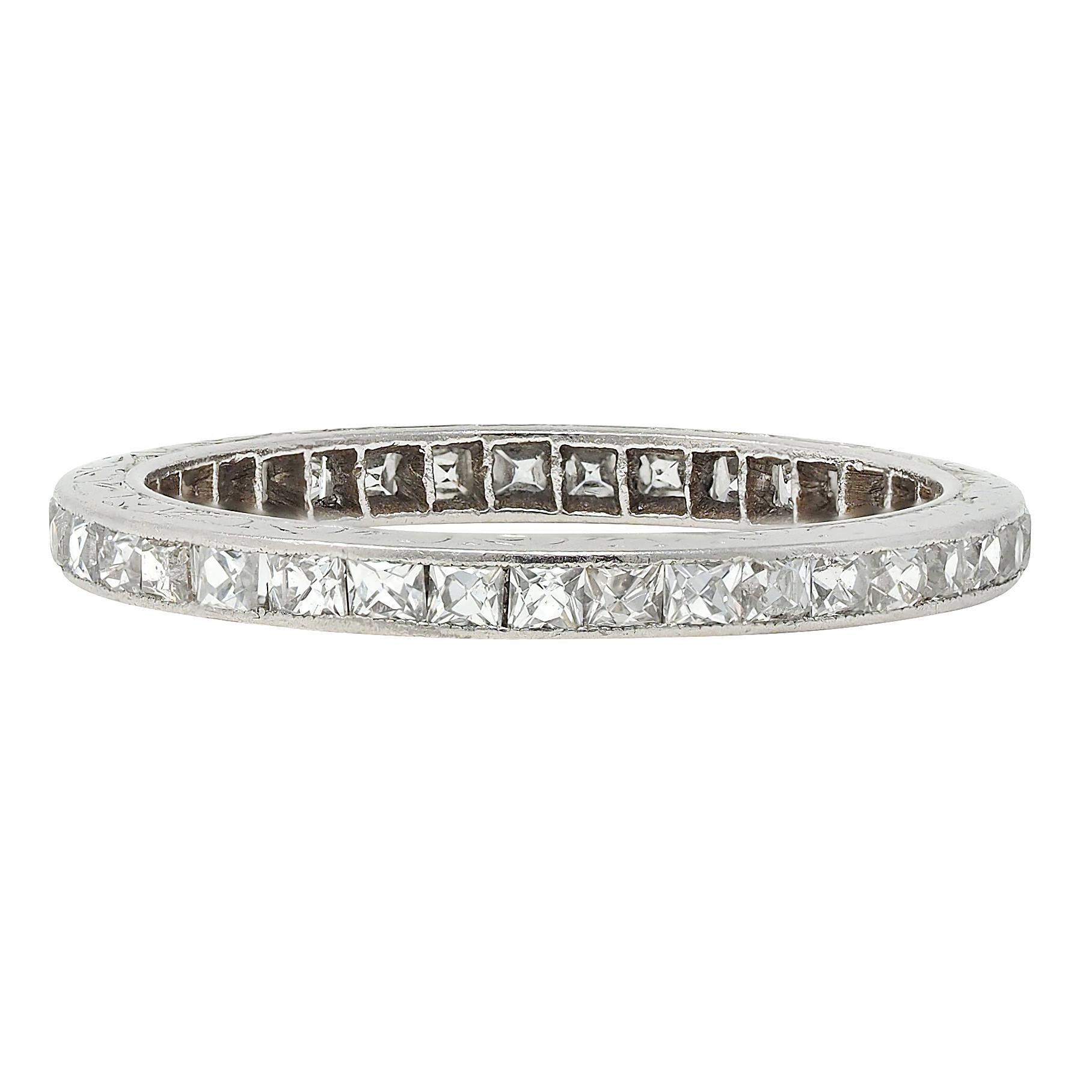 Art Deco 1.30 CTW French Cut Diamond Platinum Vintage Eternity Wedding Band Ring