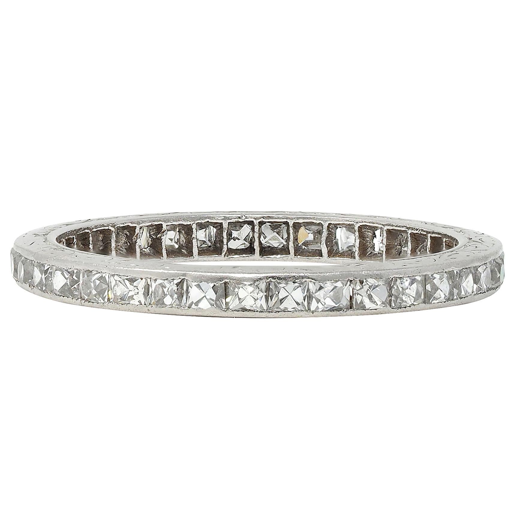 Art Deco 1.30 CTW French Cut Diamond Platinum Vintage Eternity Wedding Band Ring