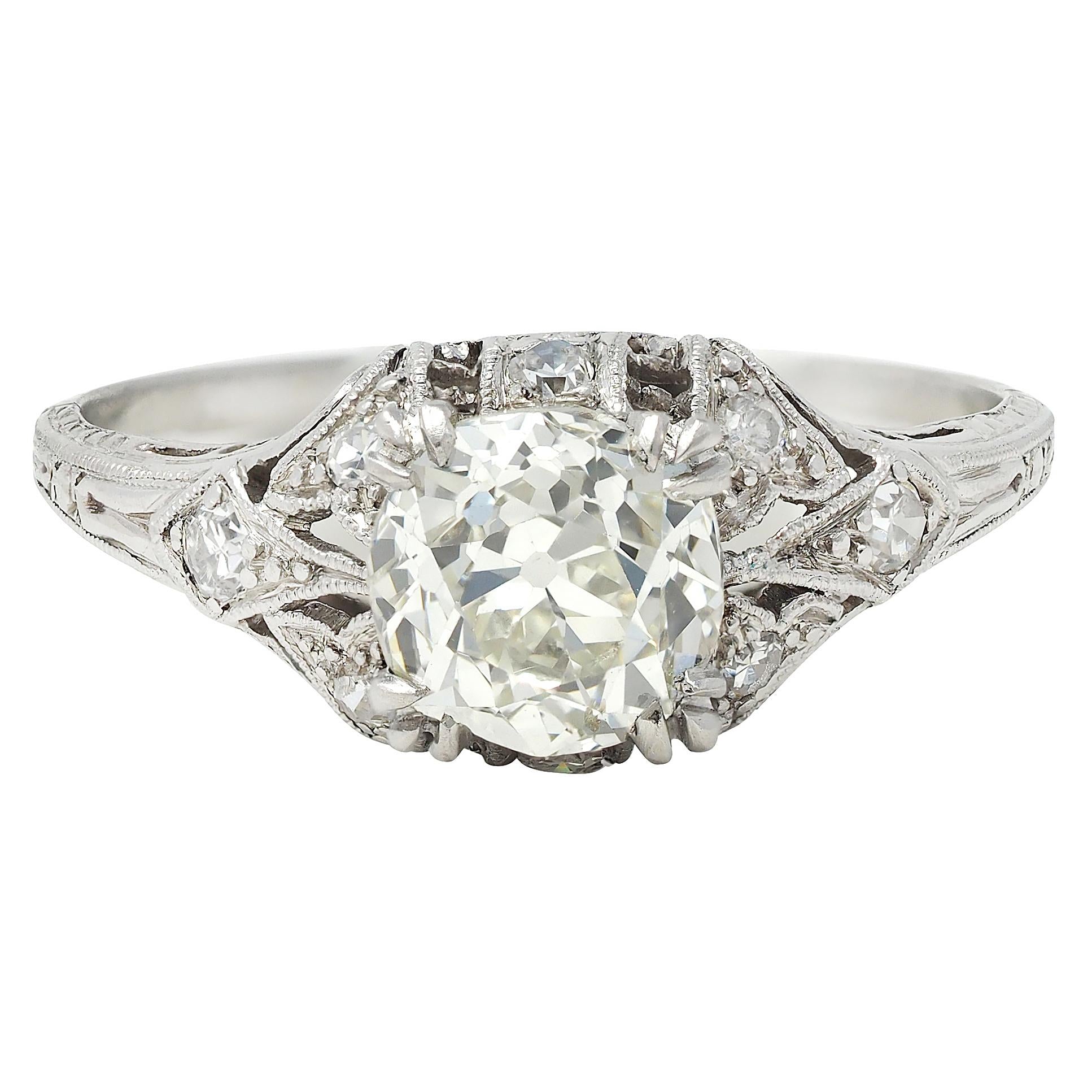 Art Deco 1.44 CTW Old Mine Diamond Platinum Foliate Vintage Engagement Ring