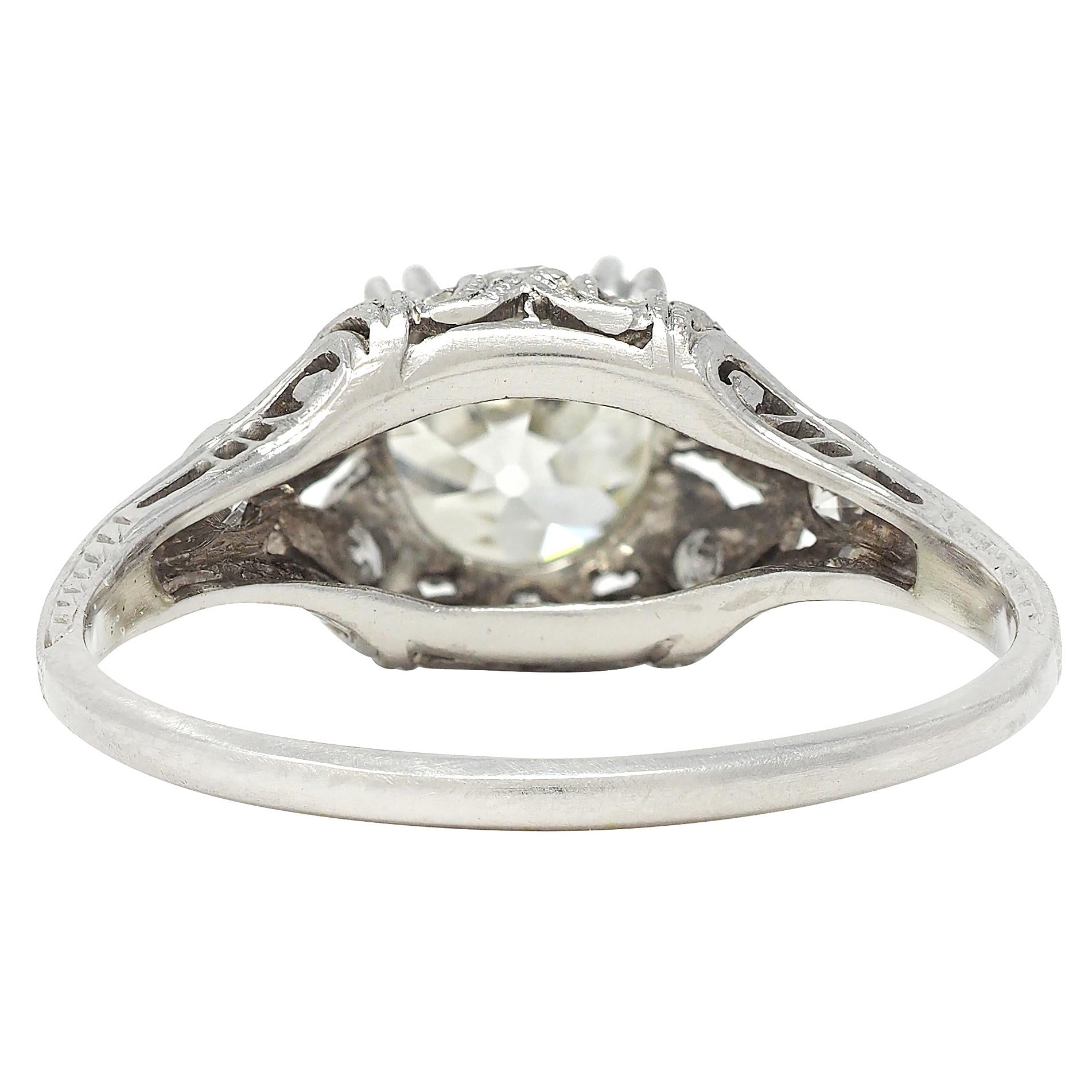 Art Deco 1.44 CTW Old Mine Diamond Platinum Foliate Vintage Engagement Ring