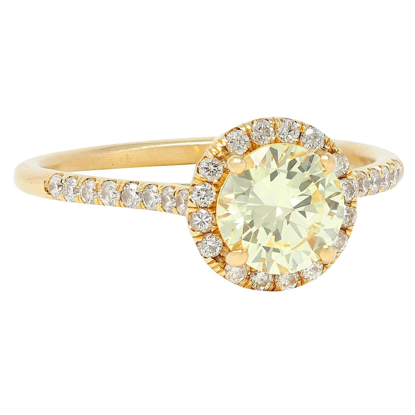 Contemporary 1.65 CTW Fancy Yellow Diamond 18K Gold Halo Engagement Ring GIA