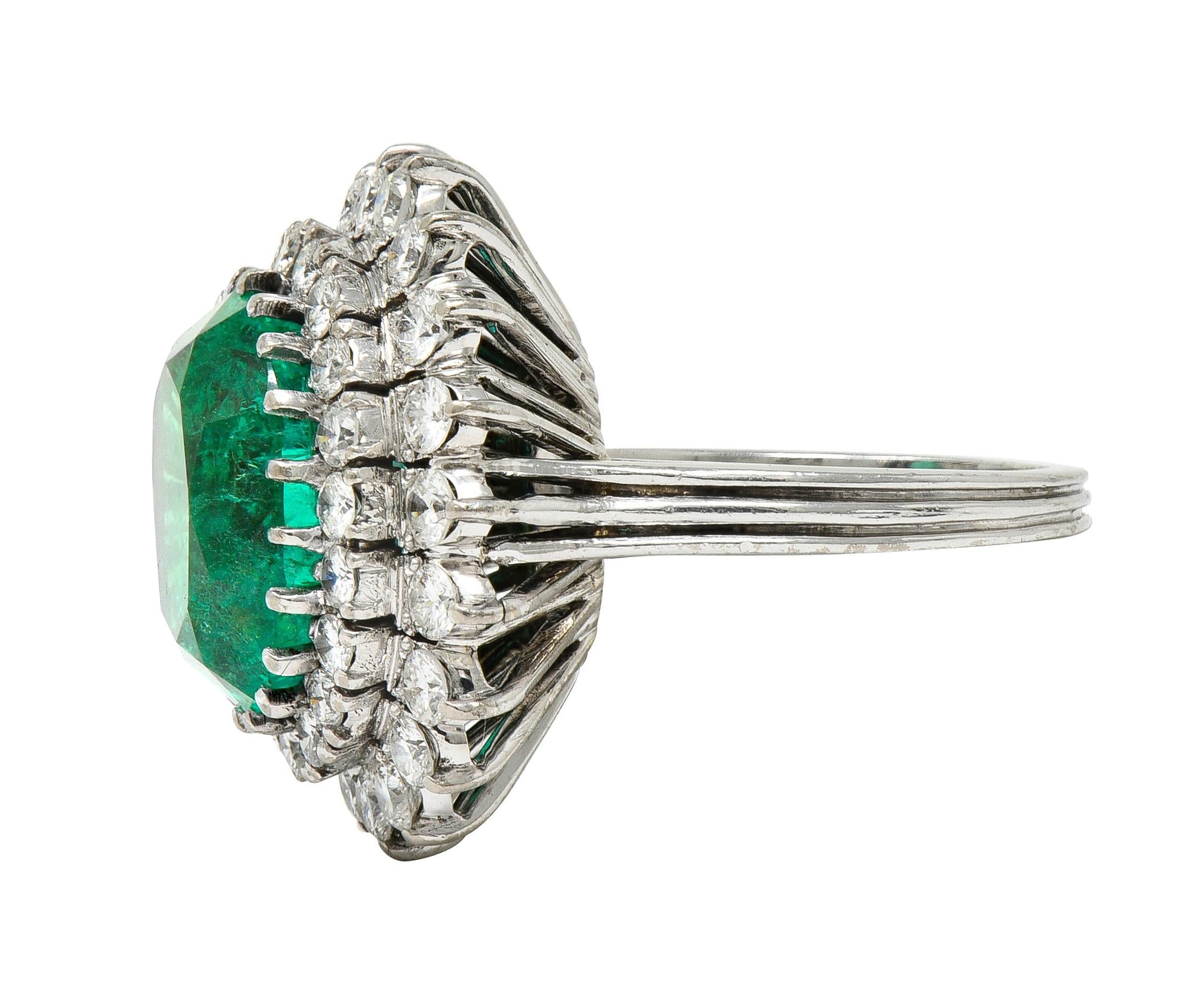 Mid-Century 7.60 CTW Emerald Diamond 18 Karat Gold Vintage Double Halo Ring AGL