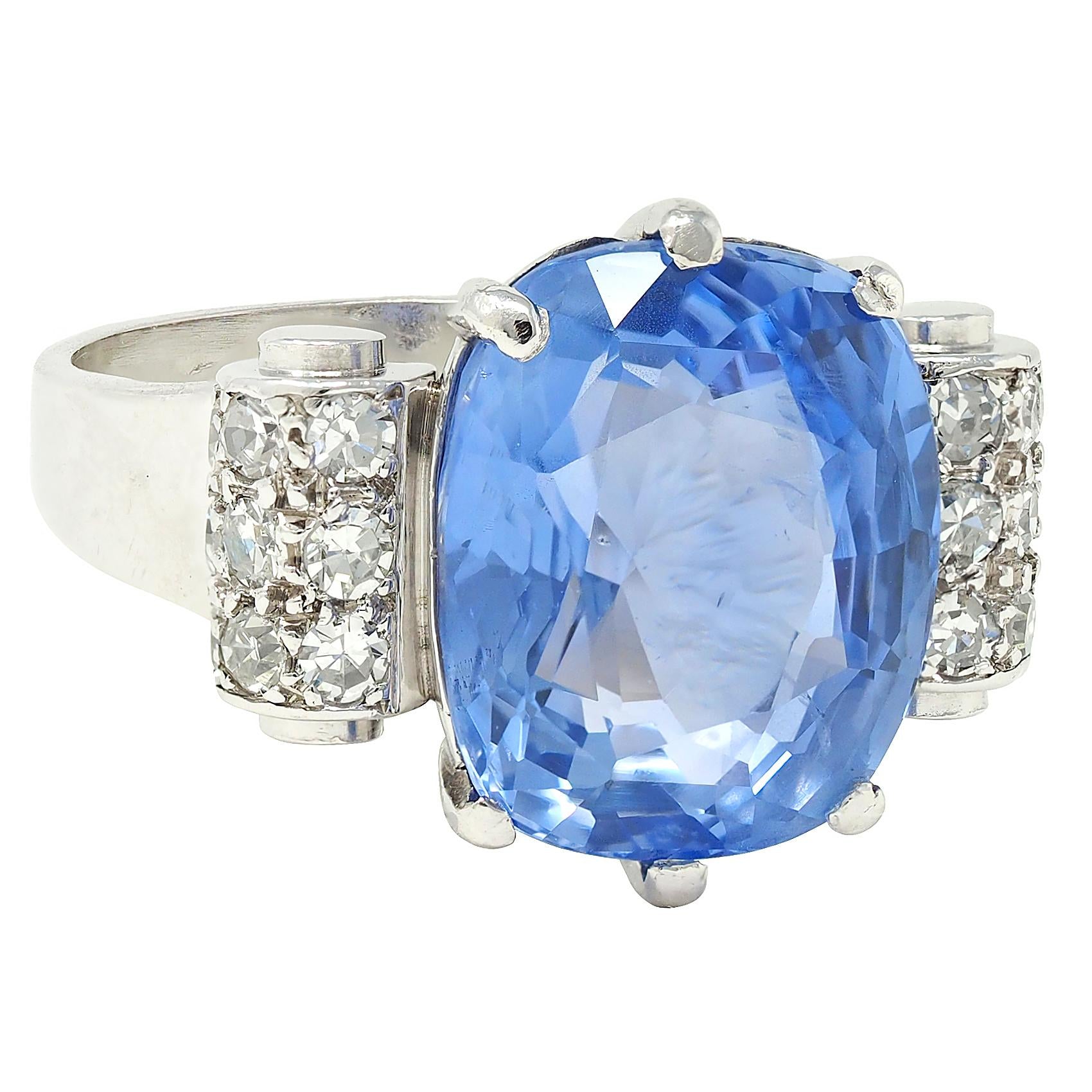 Mid-Century 10.04 CTW No Heat Ceylon Sapphire Diamond Platinum Vintage Ring GIA