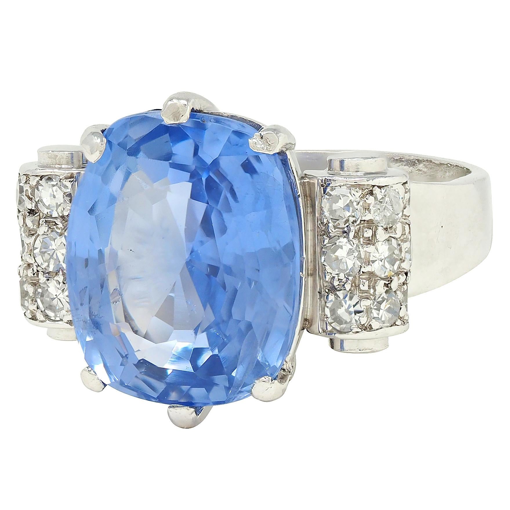Mid-Century 10.04 CTW No Heat Ceylon Sapphire Diamond Platinum Vintage Ring GIA