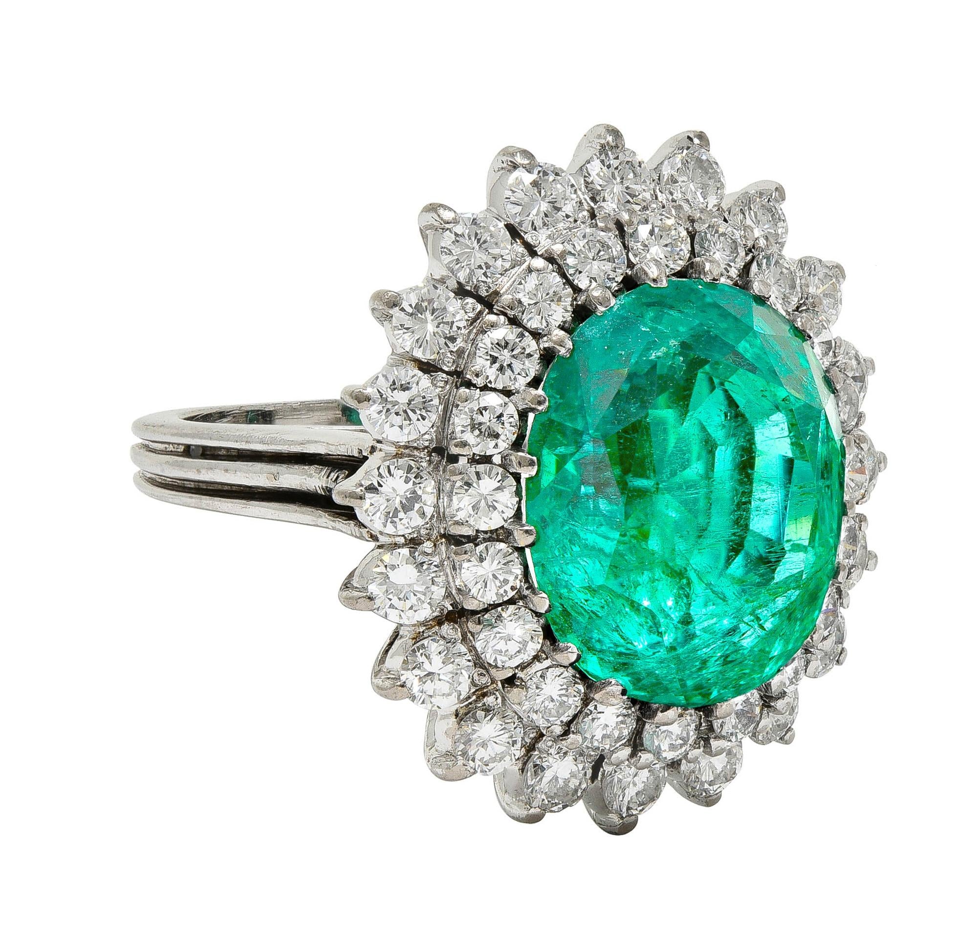 Mid-Century 7.60 CTW Emerald Diamond 18 Karat Gold Vintage Double Halo Ring AGL