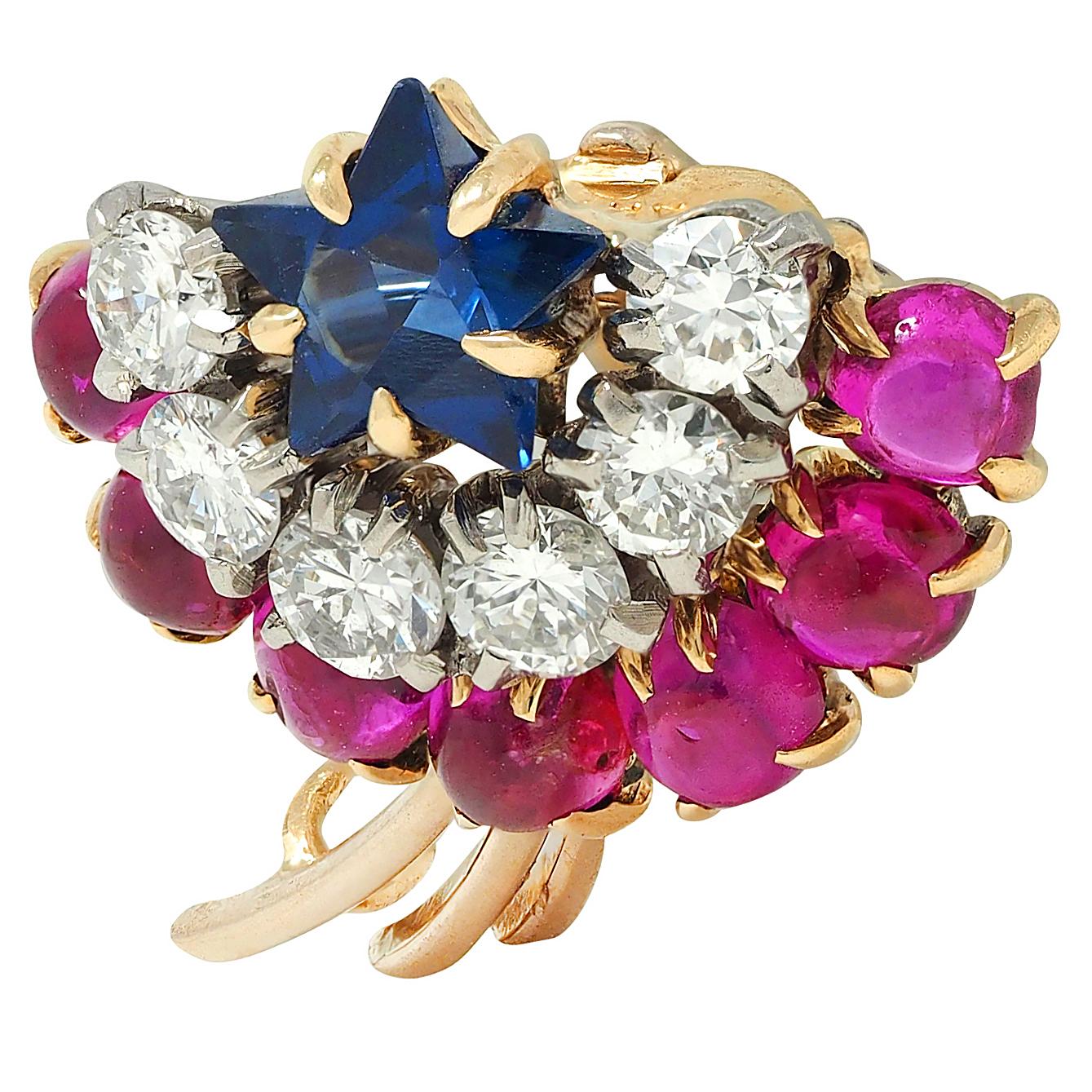 Cartier Retro 14K Yellow Gold Diamond Ruby Sapphire Vintage Shooting Star Brooch