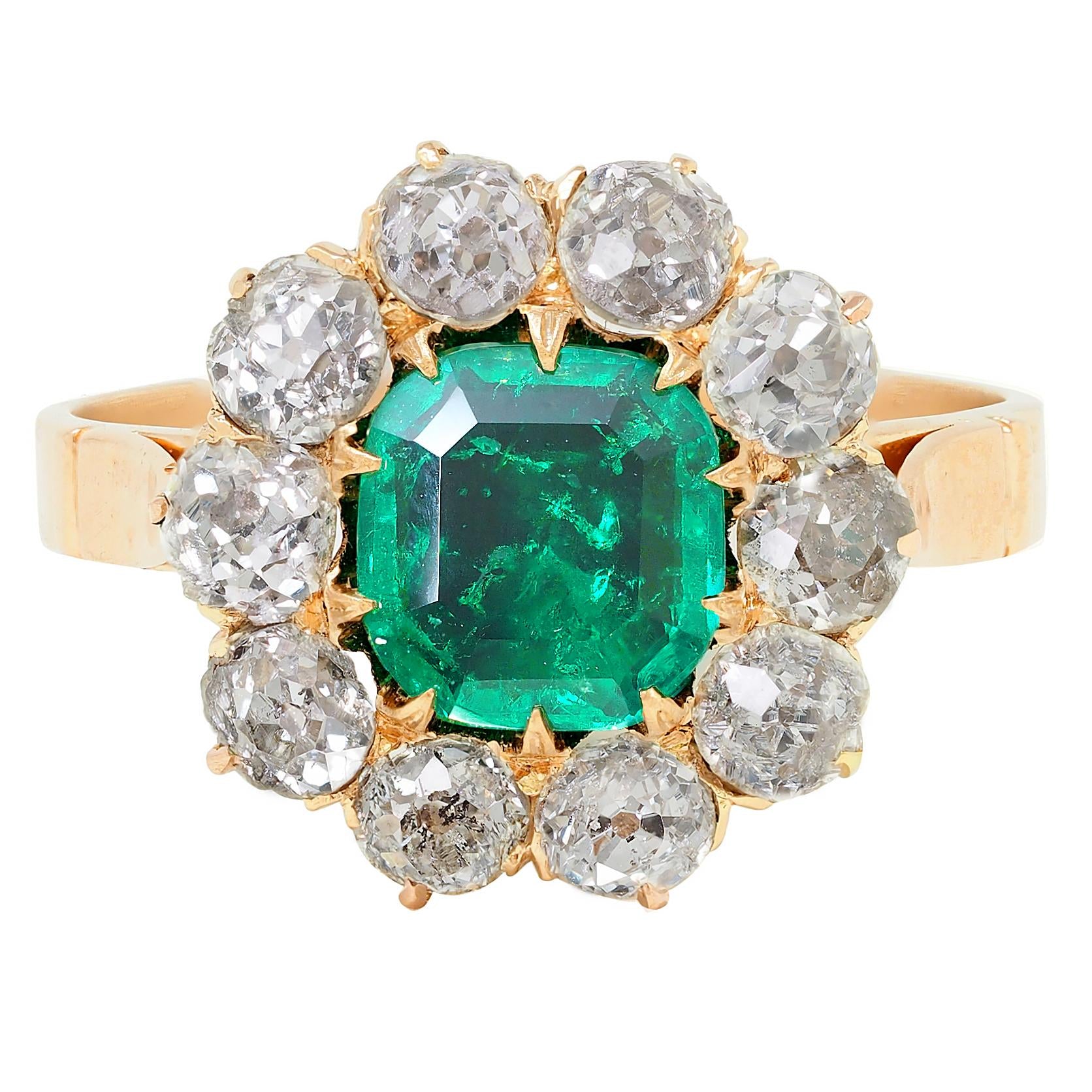 Victorian 2.79 CTW Colombian Emerald Diamond 14 Karat Yellow Gold Antique Ring